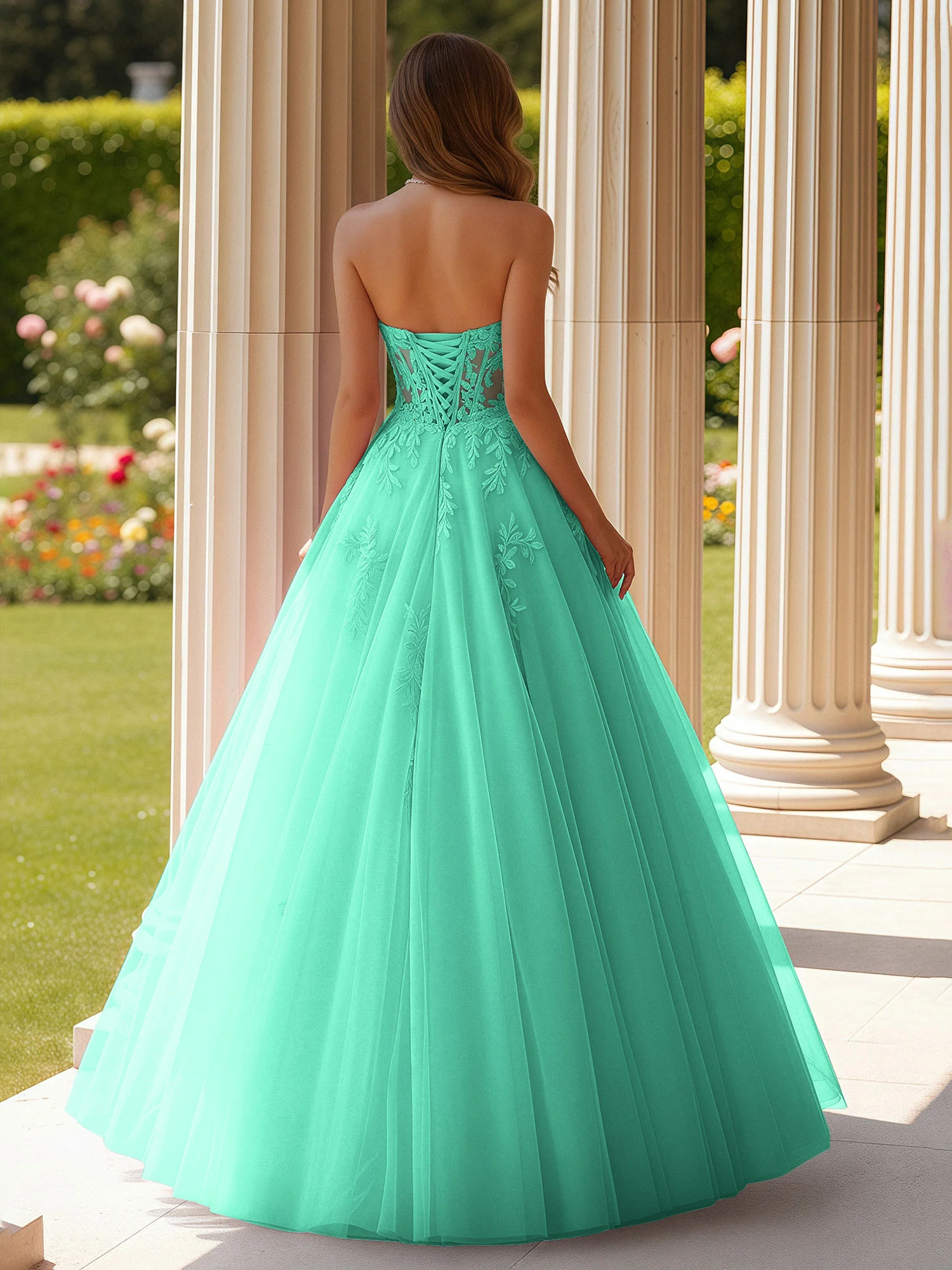 Lace Sweetheart Sheer Corset Applique Tulle Dress Turquoise - Image 2