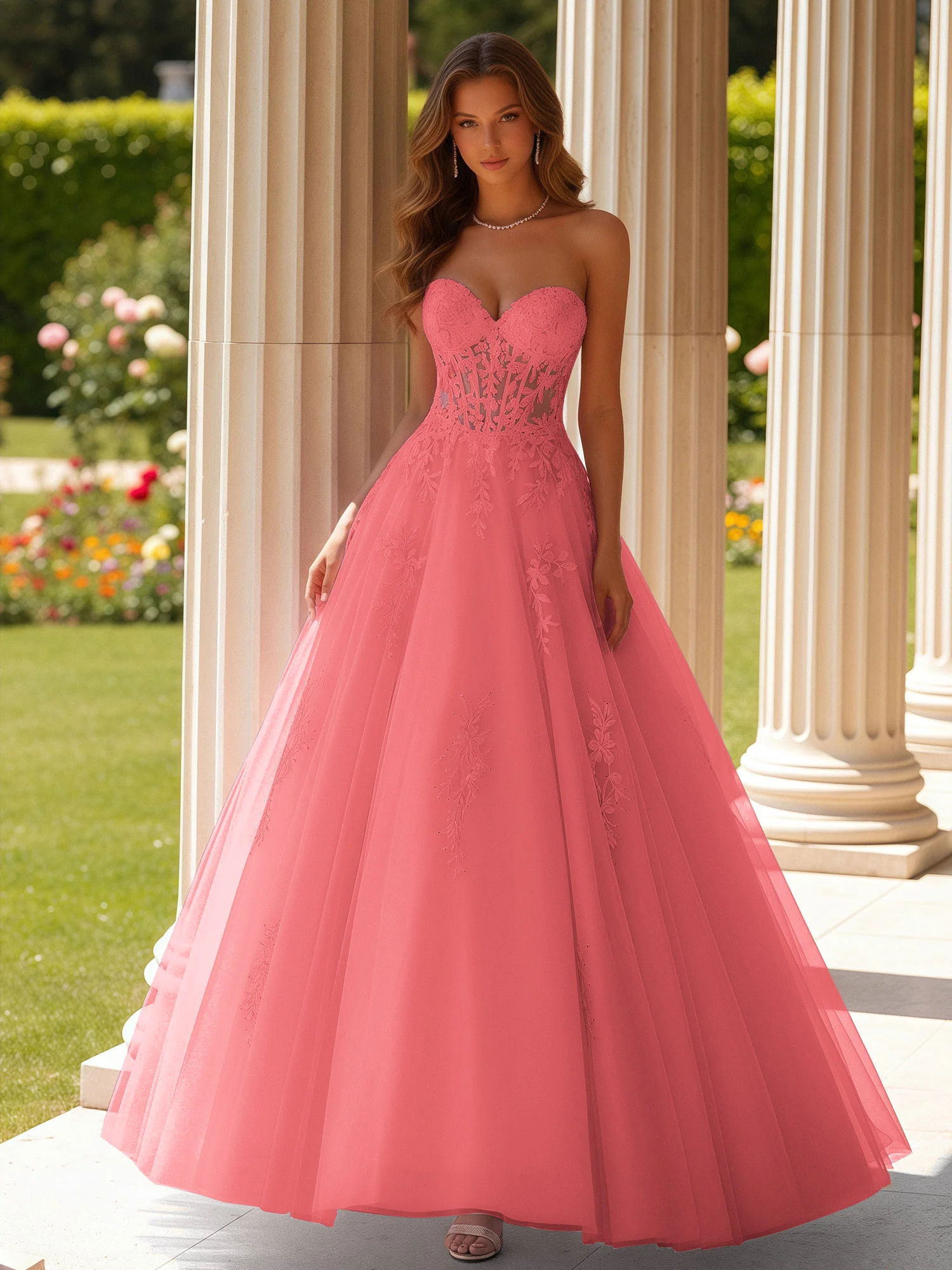 Lace Sweetheart Sheer Corset Applique Tulle Dress Watermelon