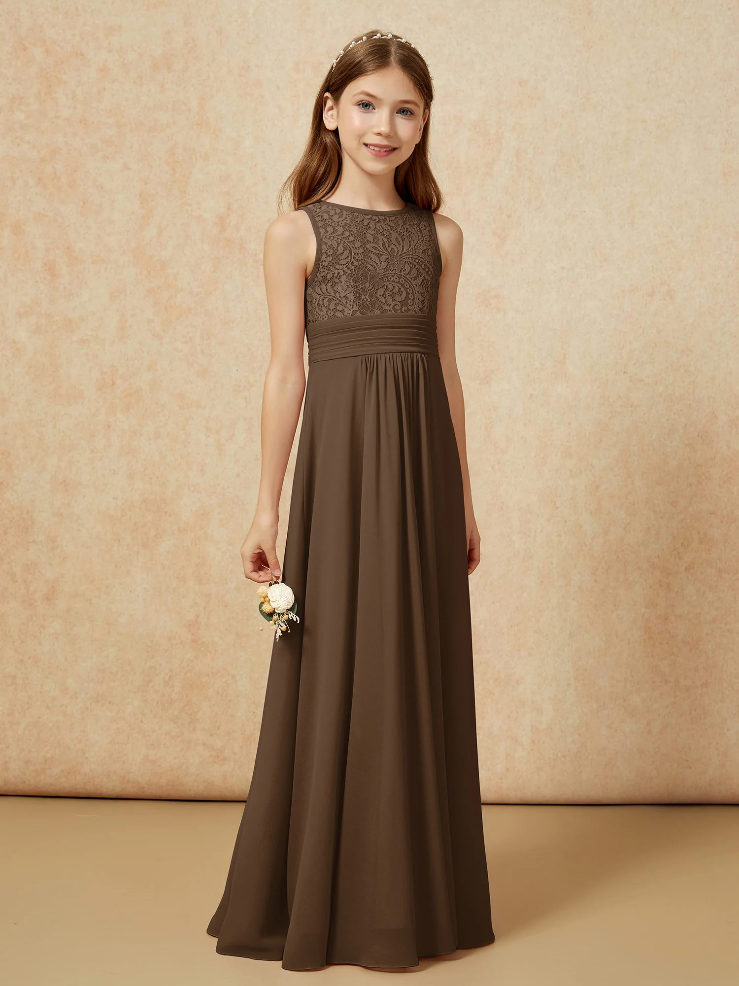 Lace Top A-line Long Junior Bridesmaid Dress Brown - Image 3