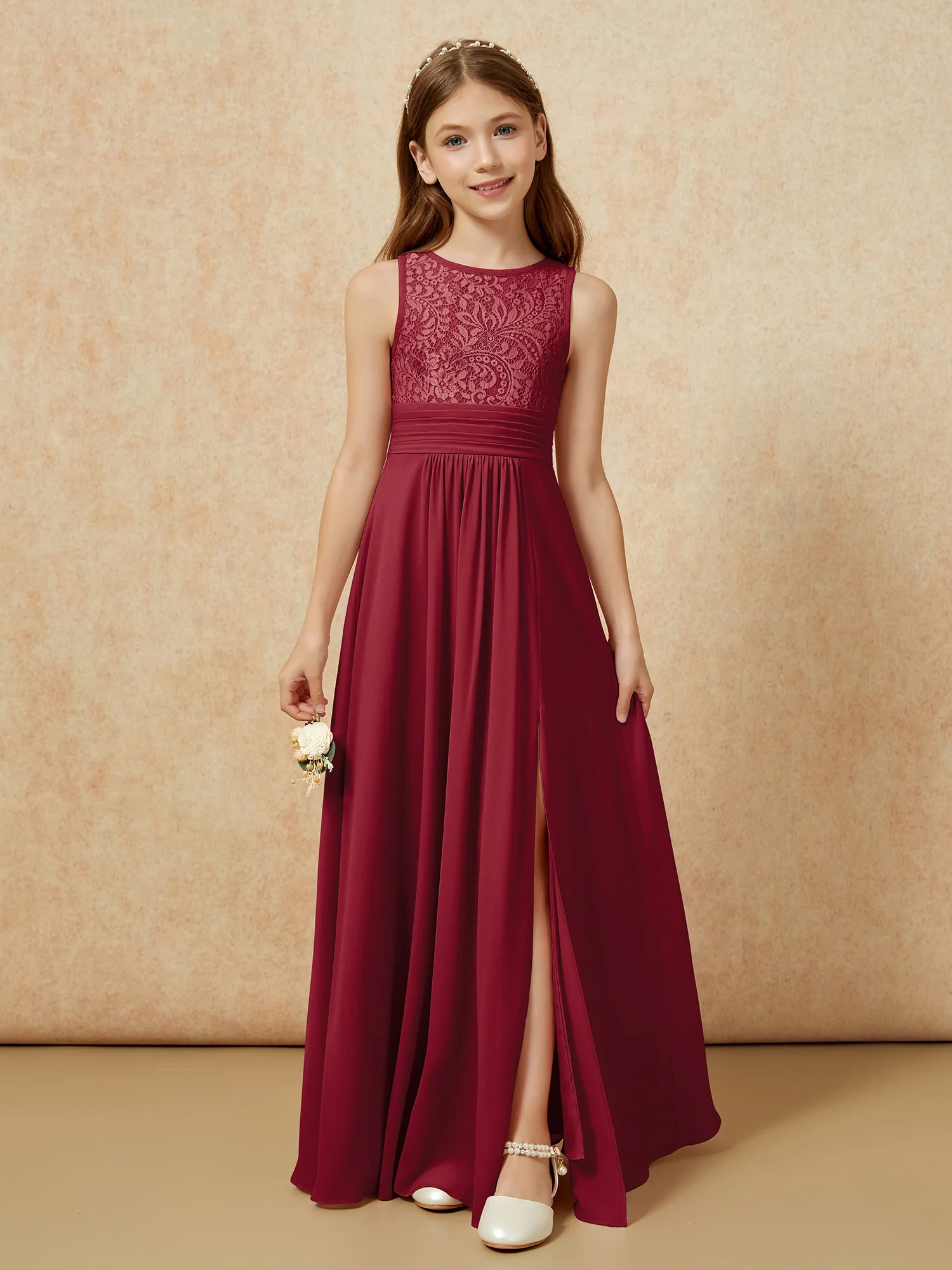 Lace Top A-line Long Junior Bridesmaid Dress Burgundy