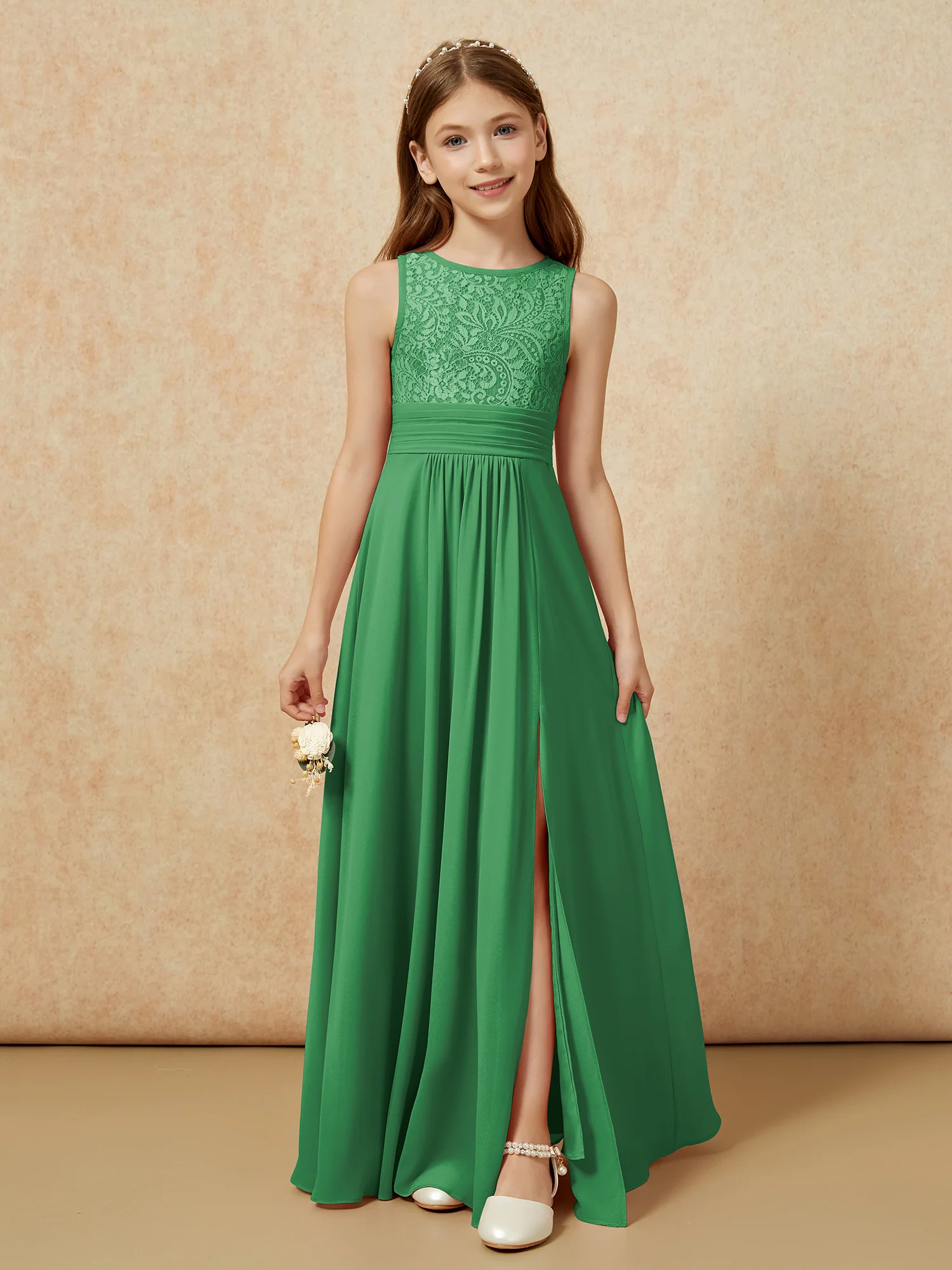 Lace Top A-line Long Junior Bridesmaid Dress Emerald
