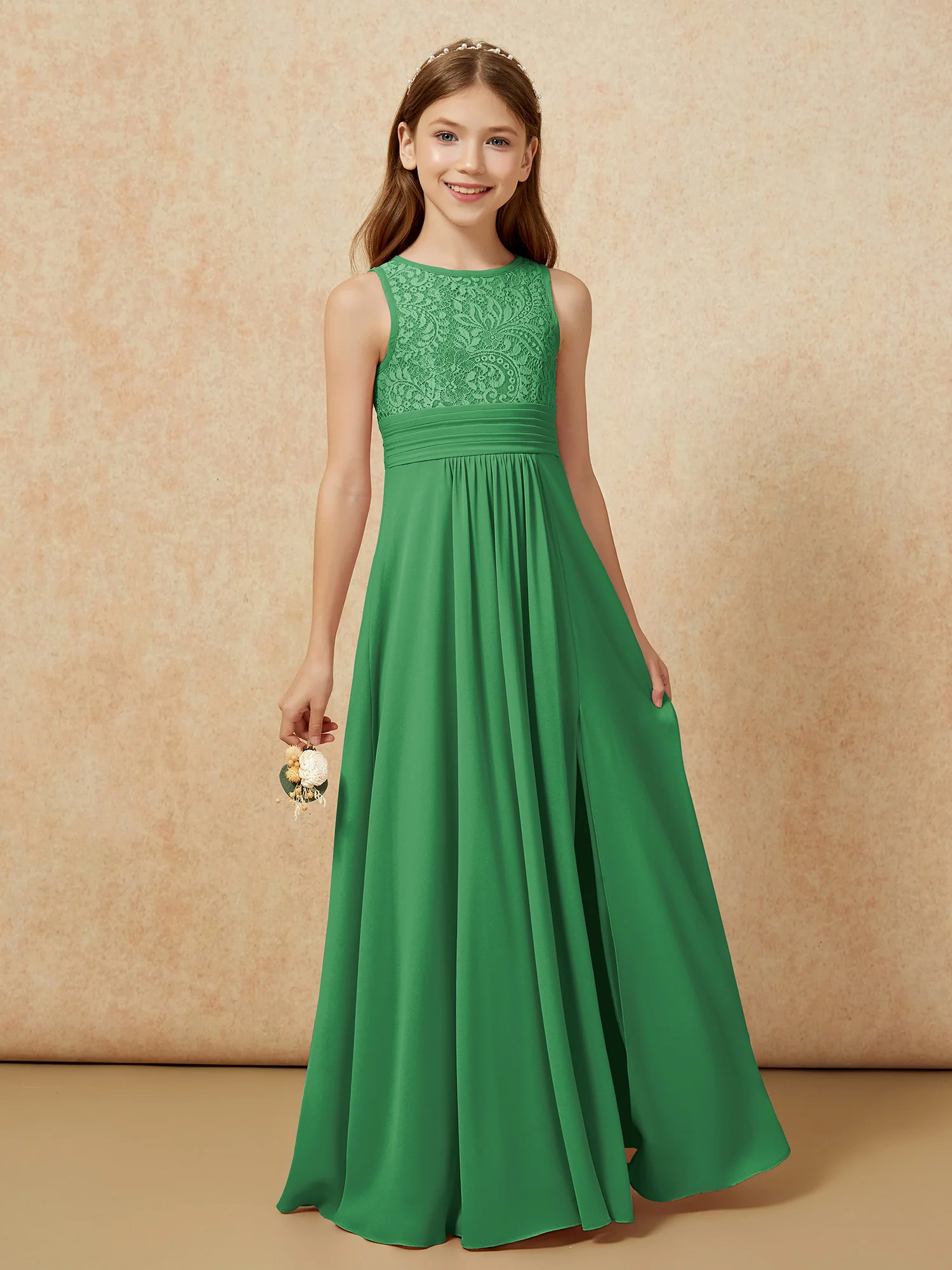 Lace Top A-line Long Junior Bridesmaid Dress Emerald - Image 5