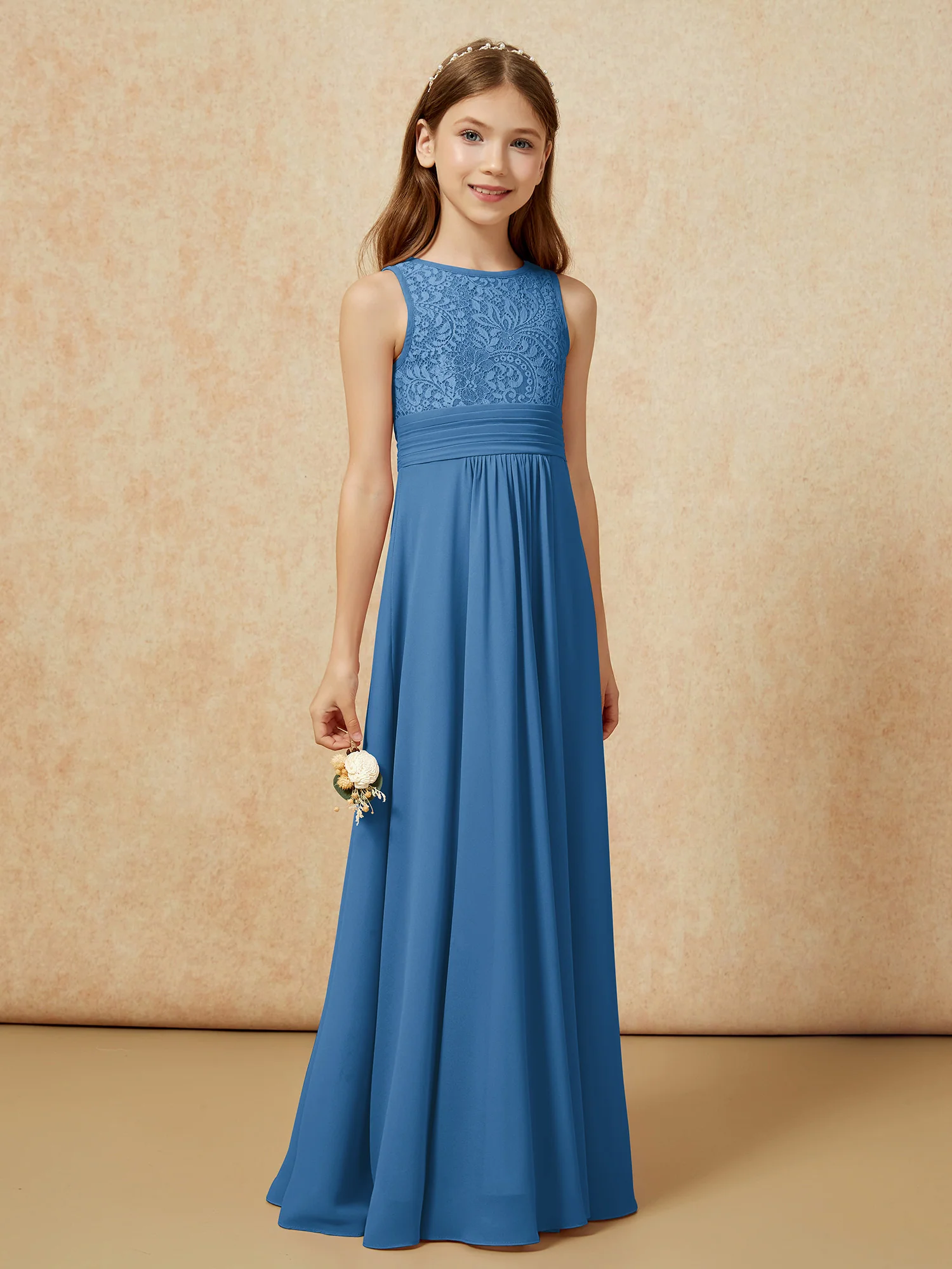 Lace Top A-line Long Junior Bridesmaid Dress Ink Blue - Image 3