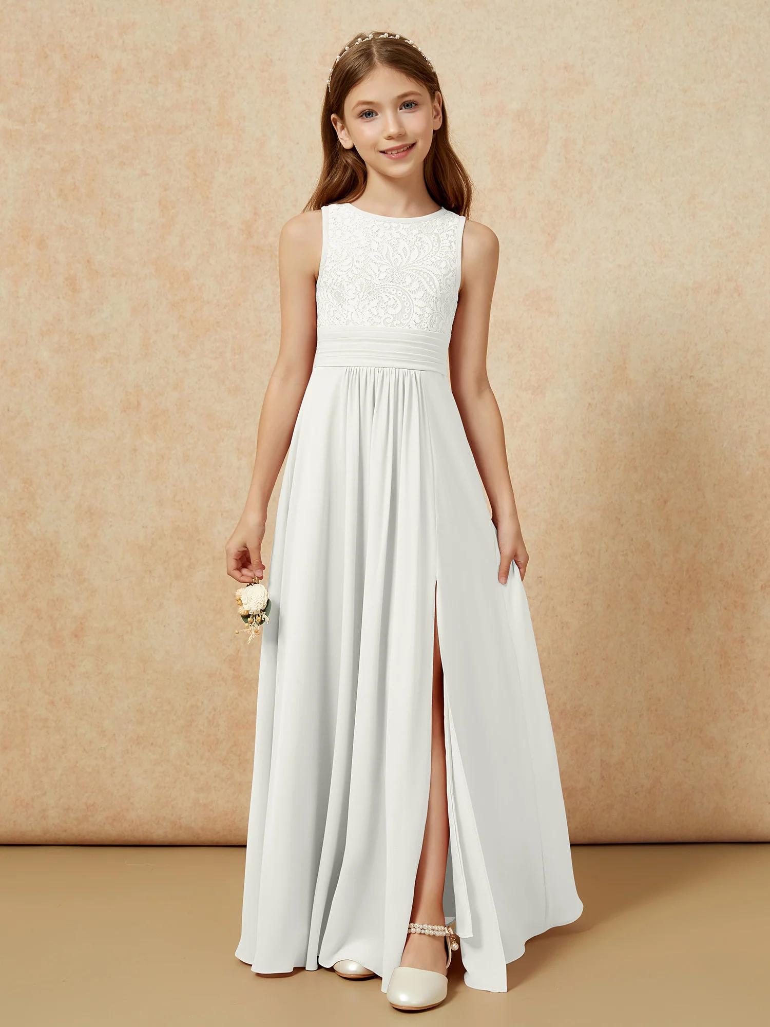 Lace Top A-line Long Junior Bridesmaid Dress Ivory