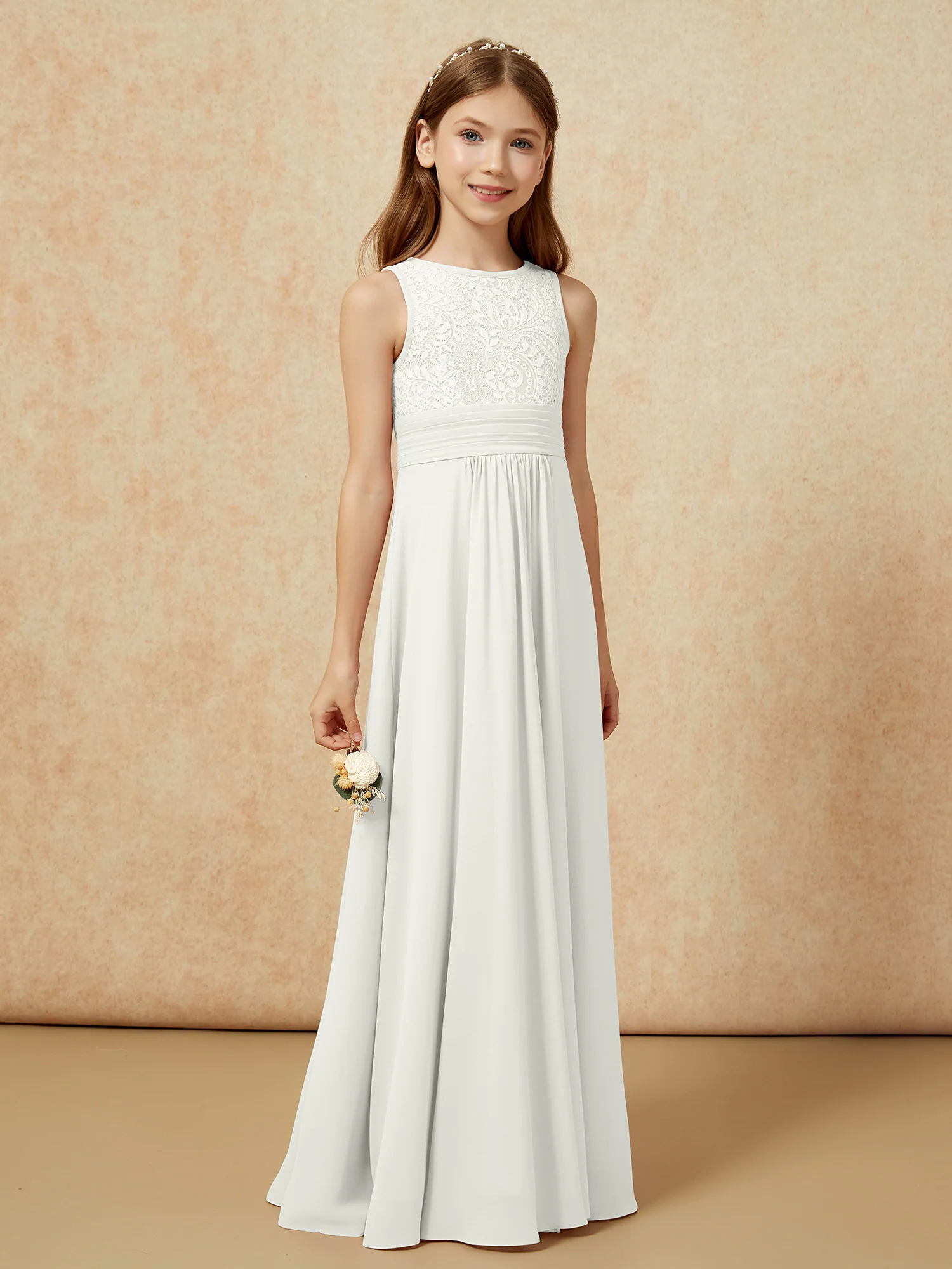 Lace Top A-line Long Junior Bridesmaid Dress Ivory - Image 3