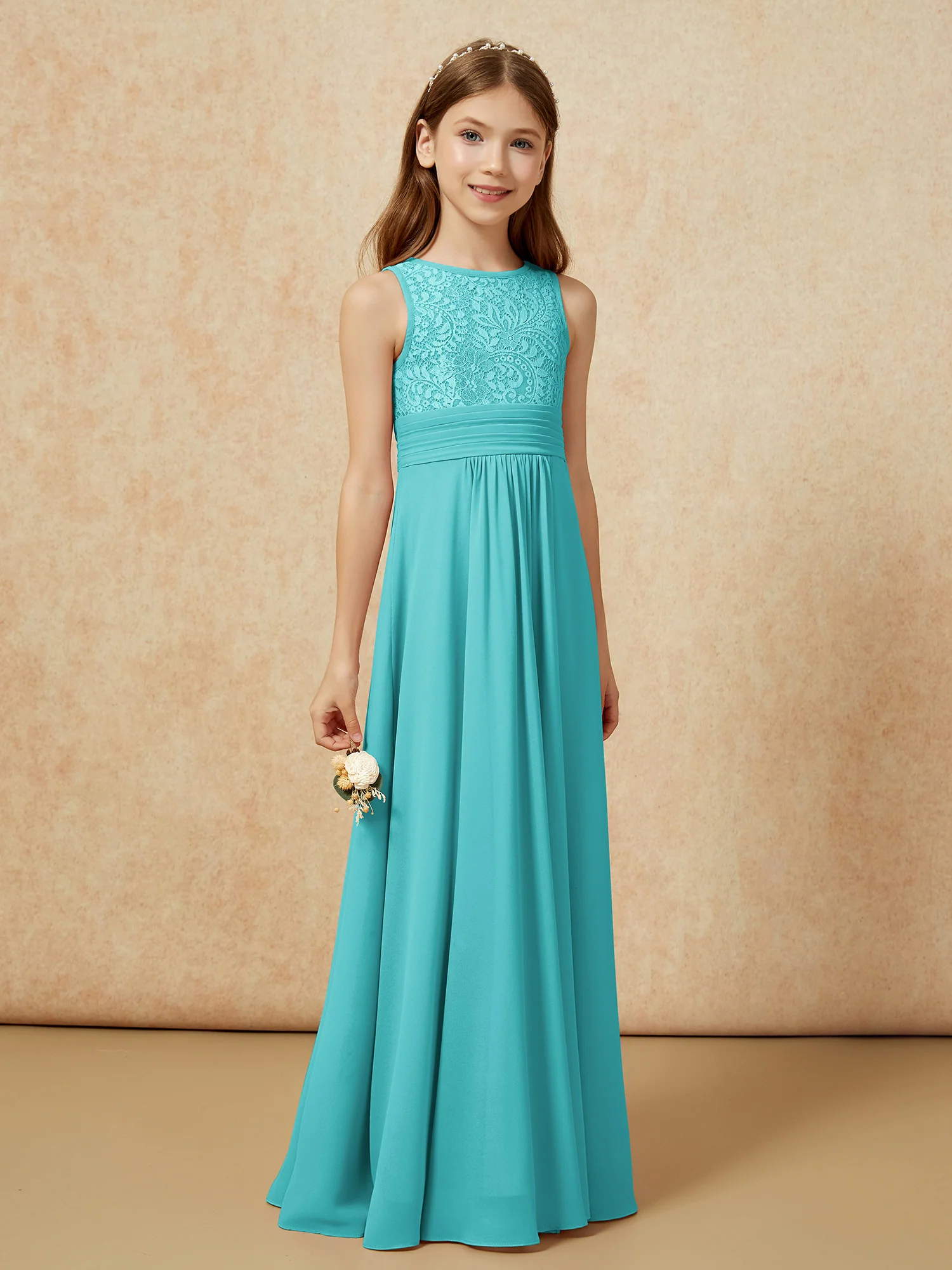 Lace Top A-line Long Junior Bridesmaid Dress Jade - Image 3