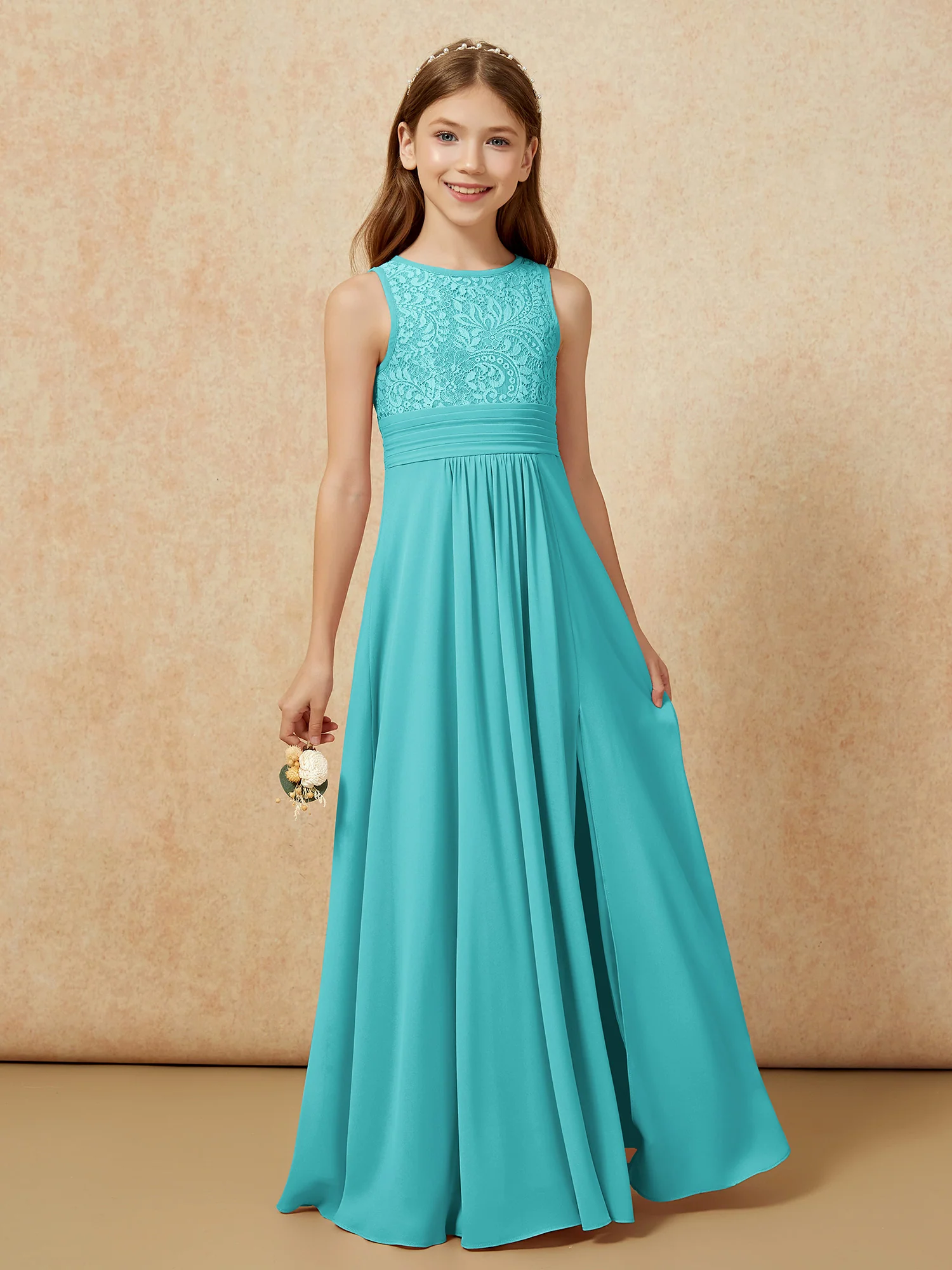 Lace Top A-line Long Junior Bridesmaid Dress Jade - Image 5