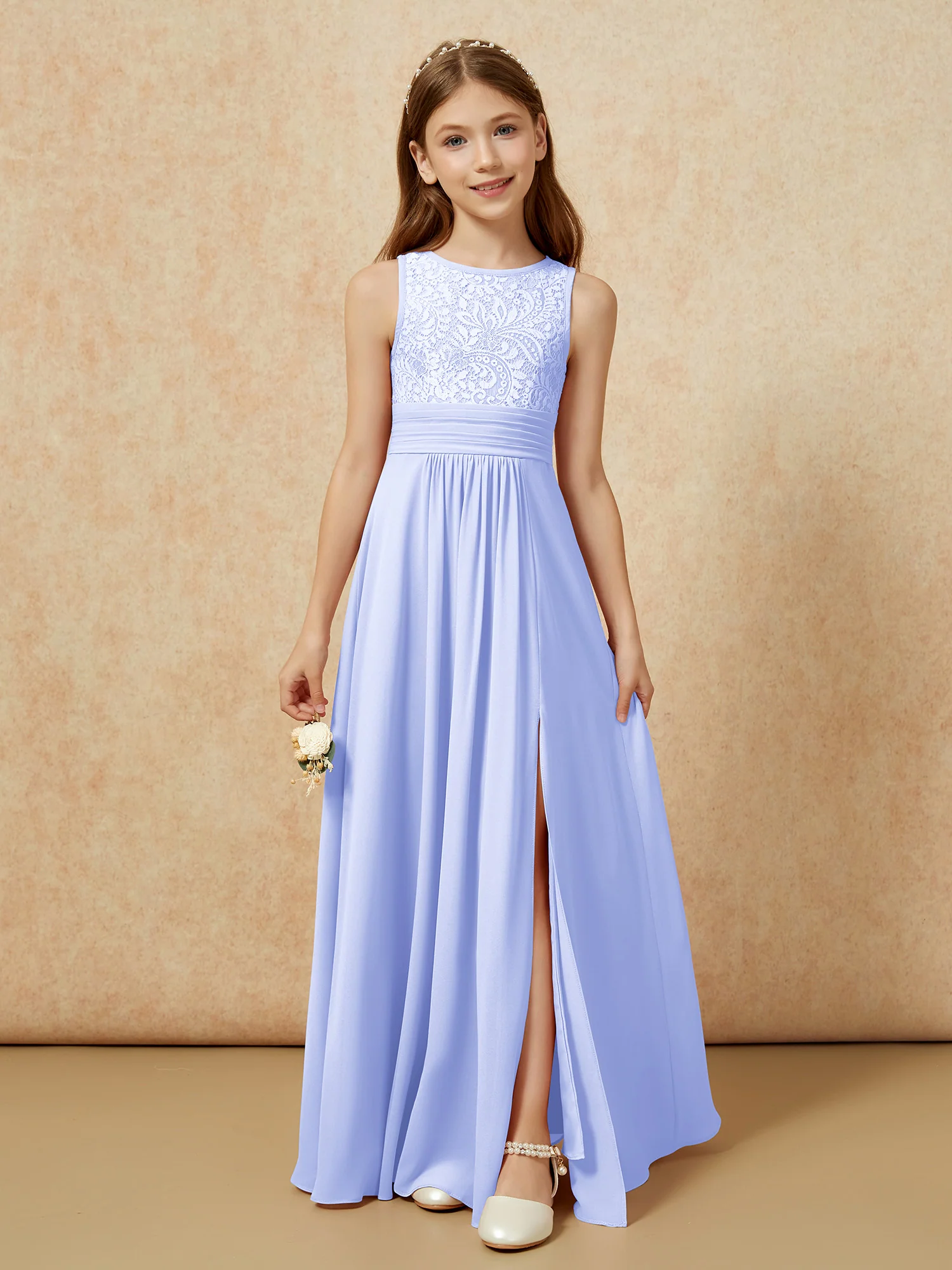 Lace Top A-line Long Junior Bridesmaid Dress Lavender