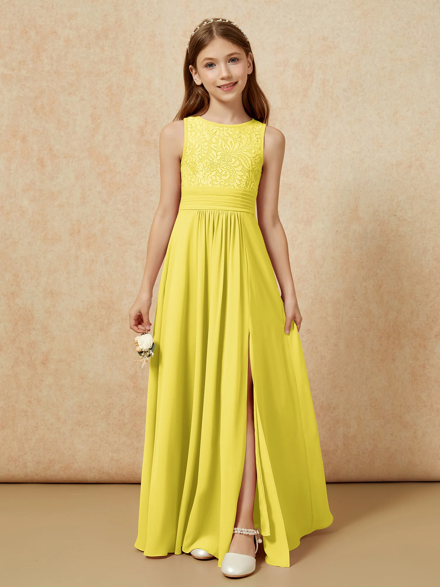 Lace Top A-line Long Junior Bridesmaid Dress Lemon