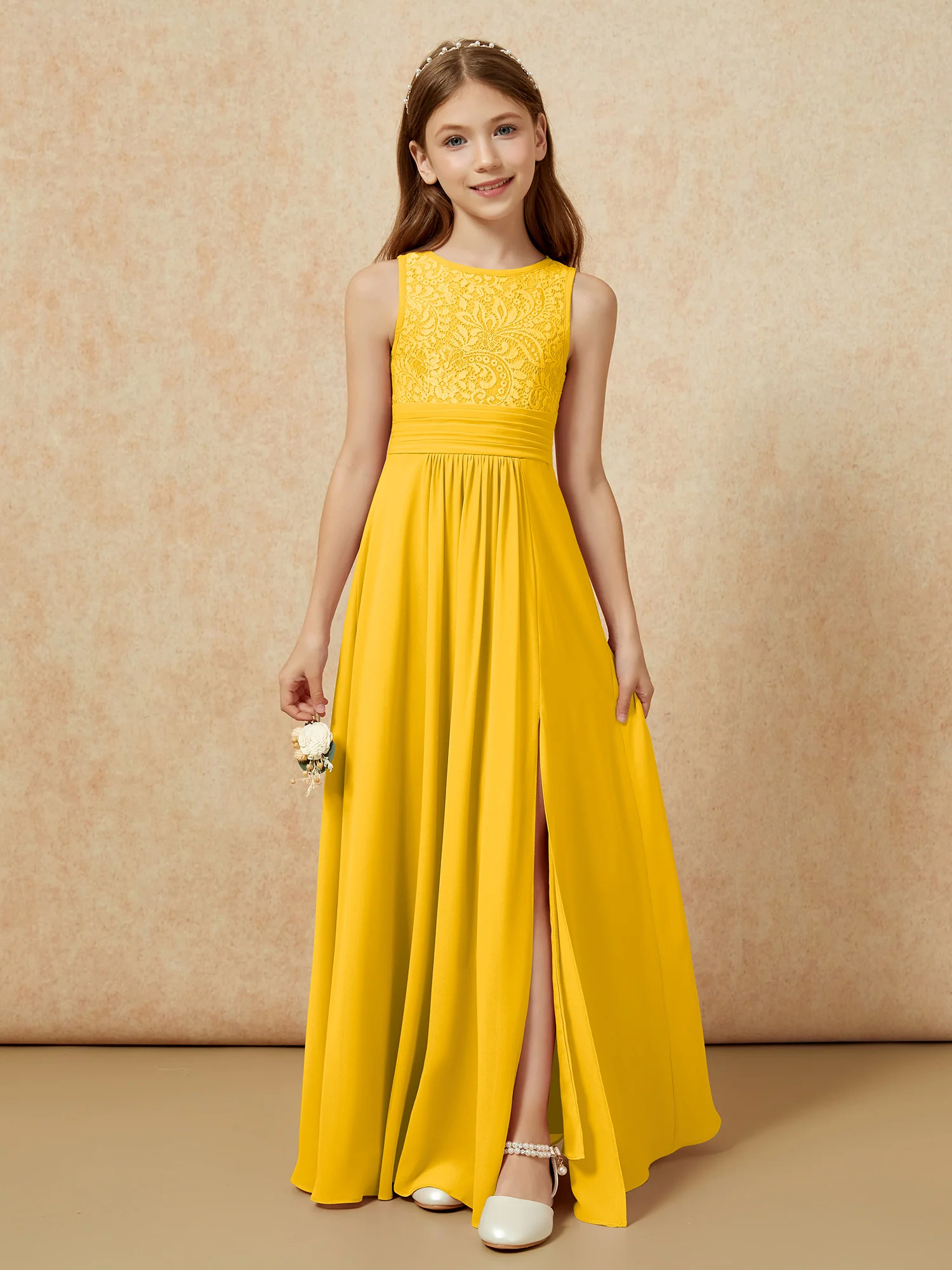 Lace Top A-line Long Junior Bridesmaid Dress Marigold