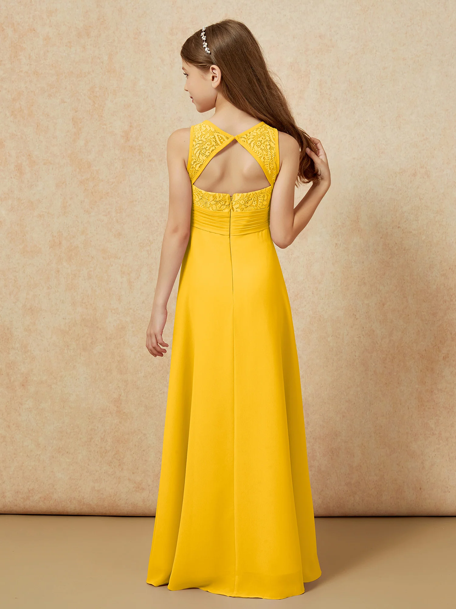 Lace Top A-line Long Junior Bridesmaid Dress Marigold - Image 2