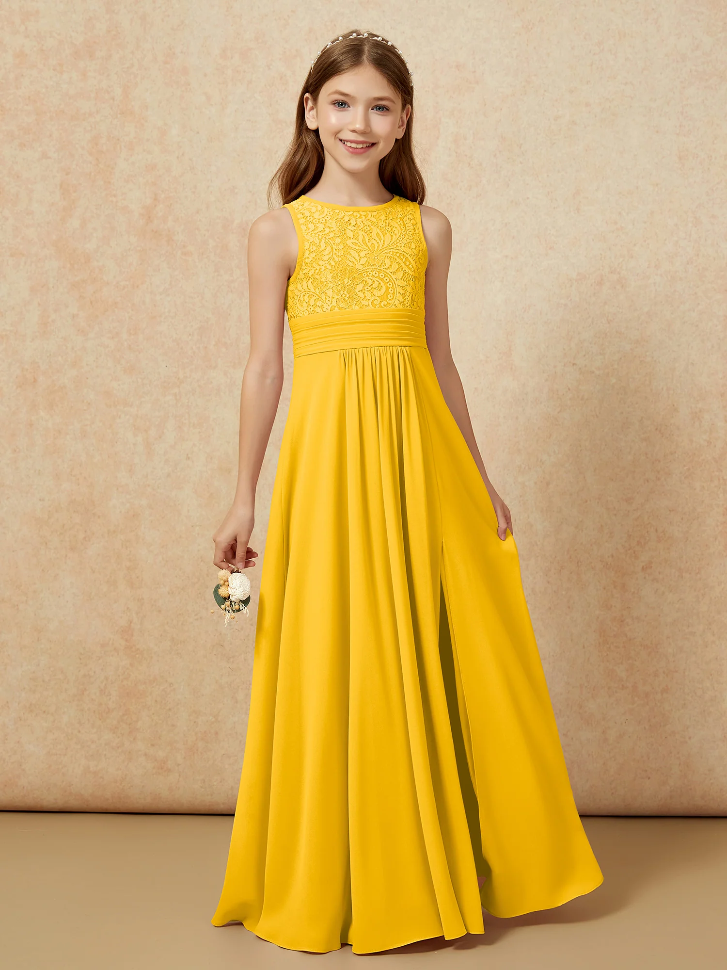Lace Top A-line Long Junior Bridesmaid Dress Marigold - Image 5