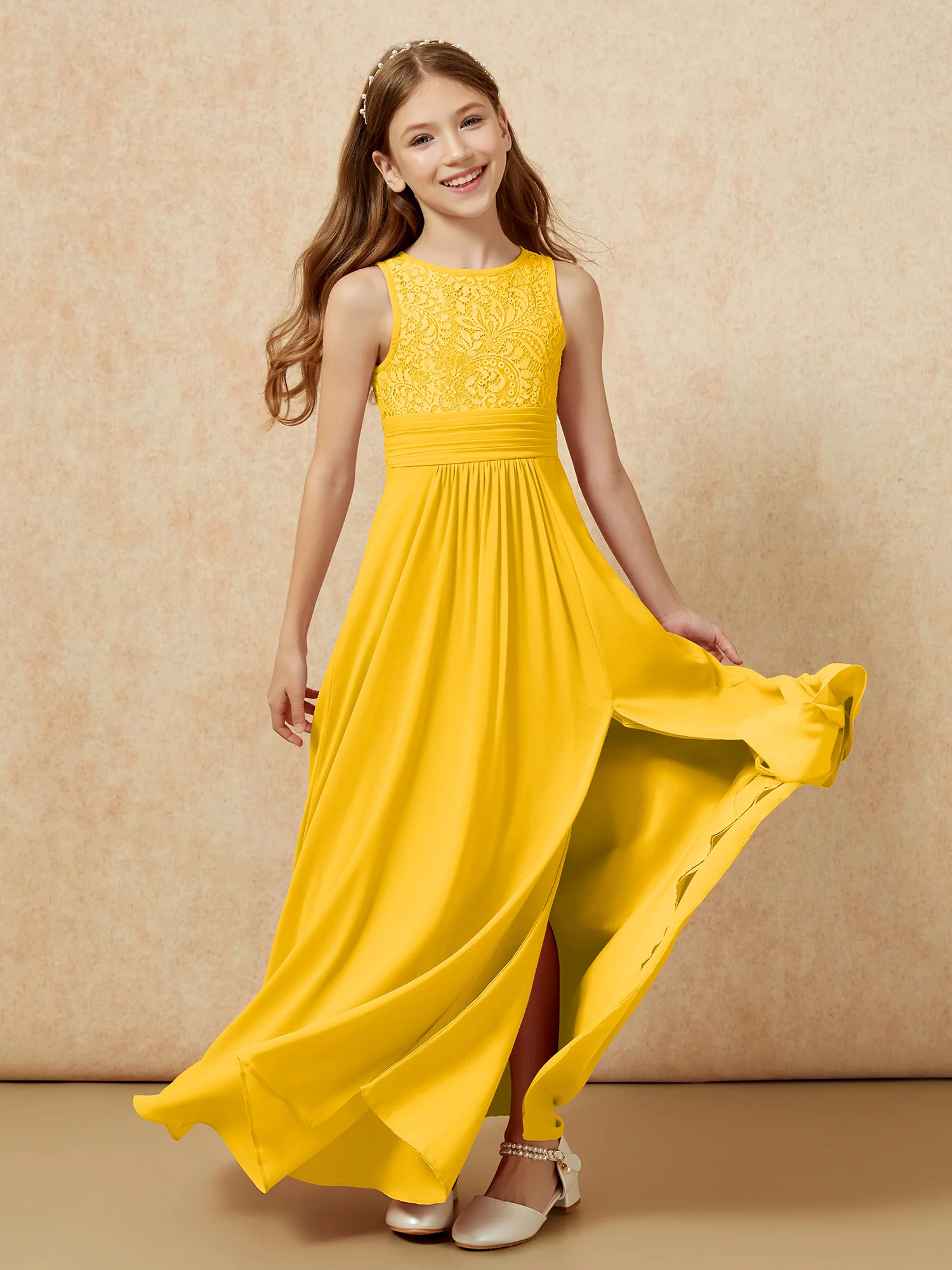 Lace Top A-line Long Junior Bridesmaid Dress Marigold - Image 6