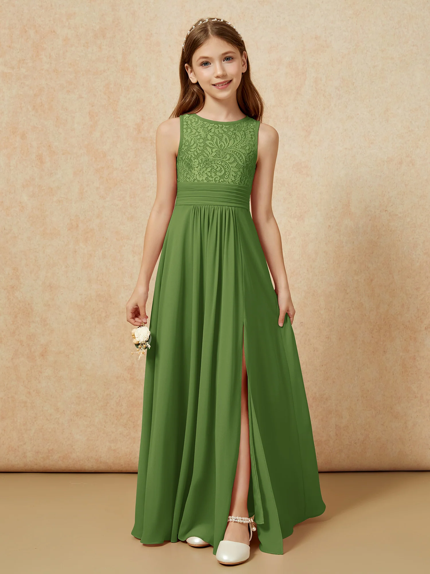 Lace Top A-line Long Junior Bridesmaid Dress Moss