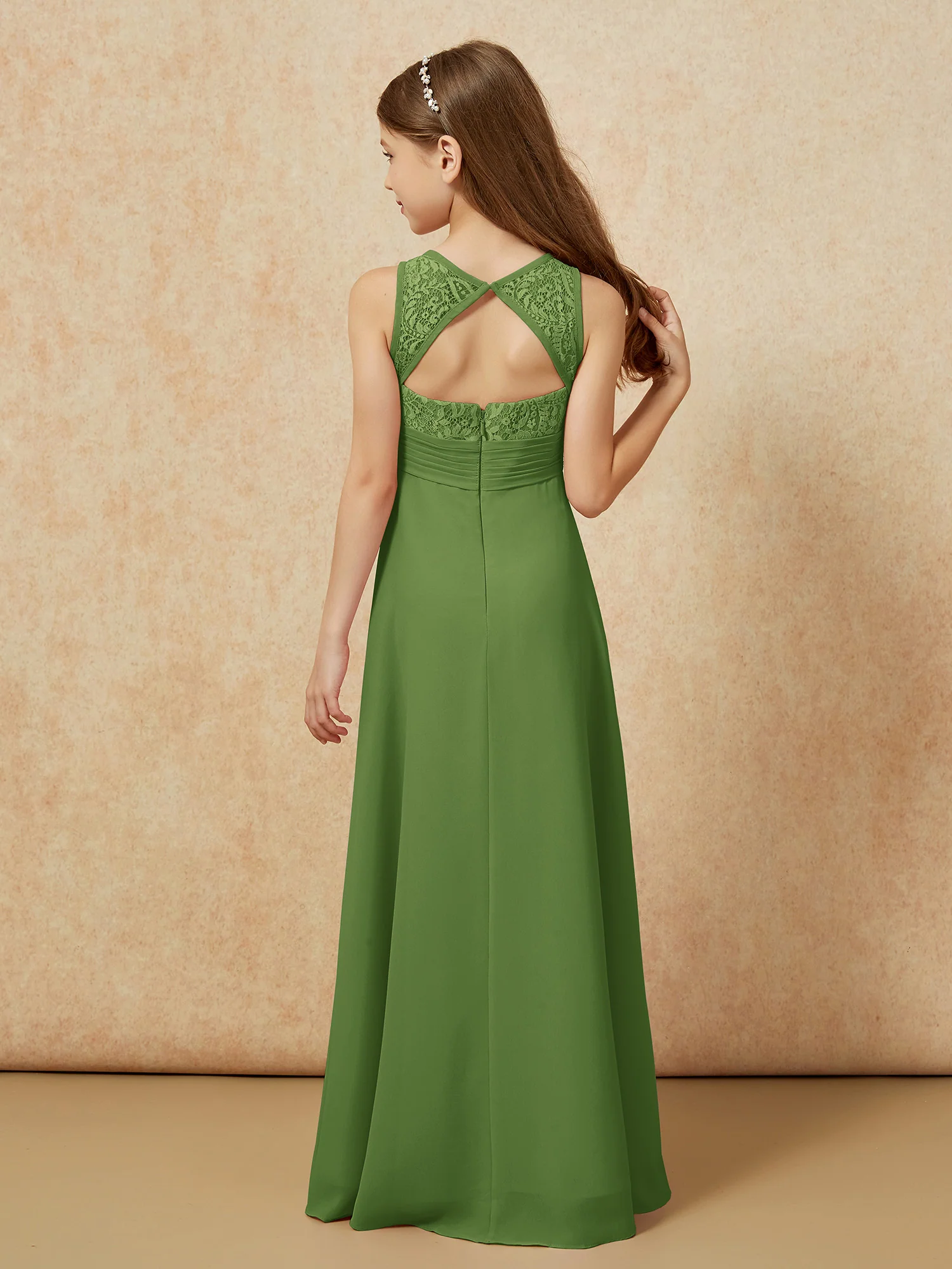 Lace Top A-line Long Junior Bridesmaid Dress Moss - Image 2