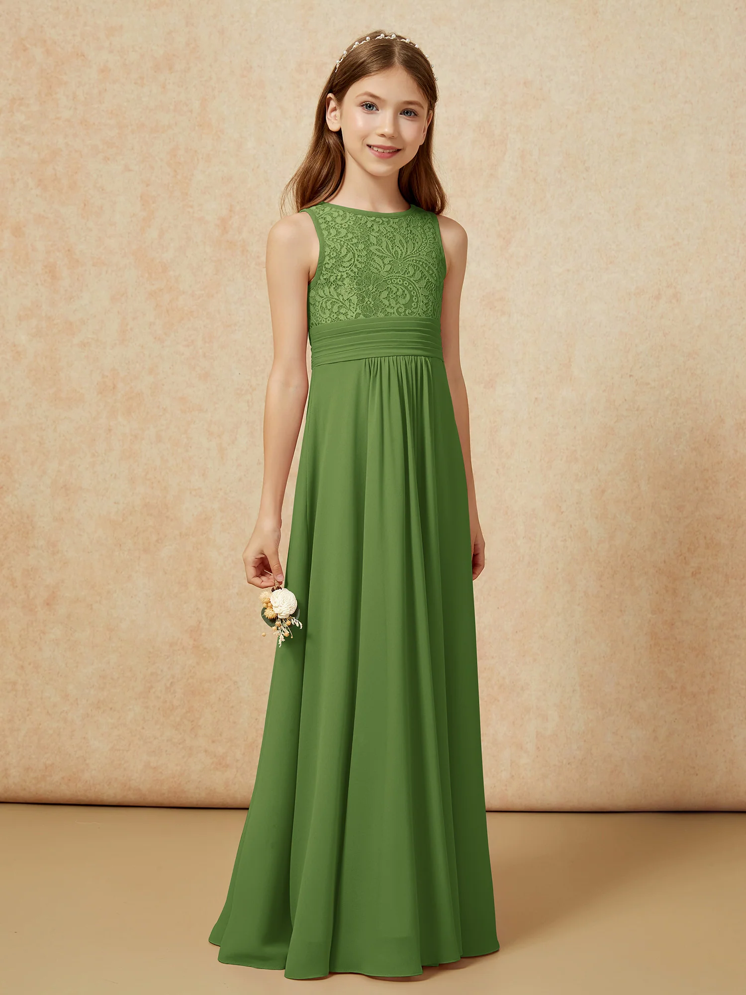 Lace Top A-line Long Junior Bridesmaid Dress Moss - Image 3