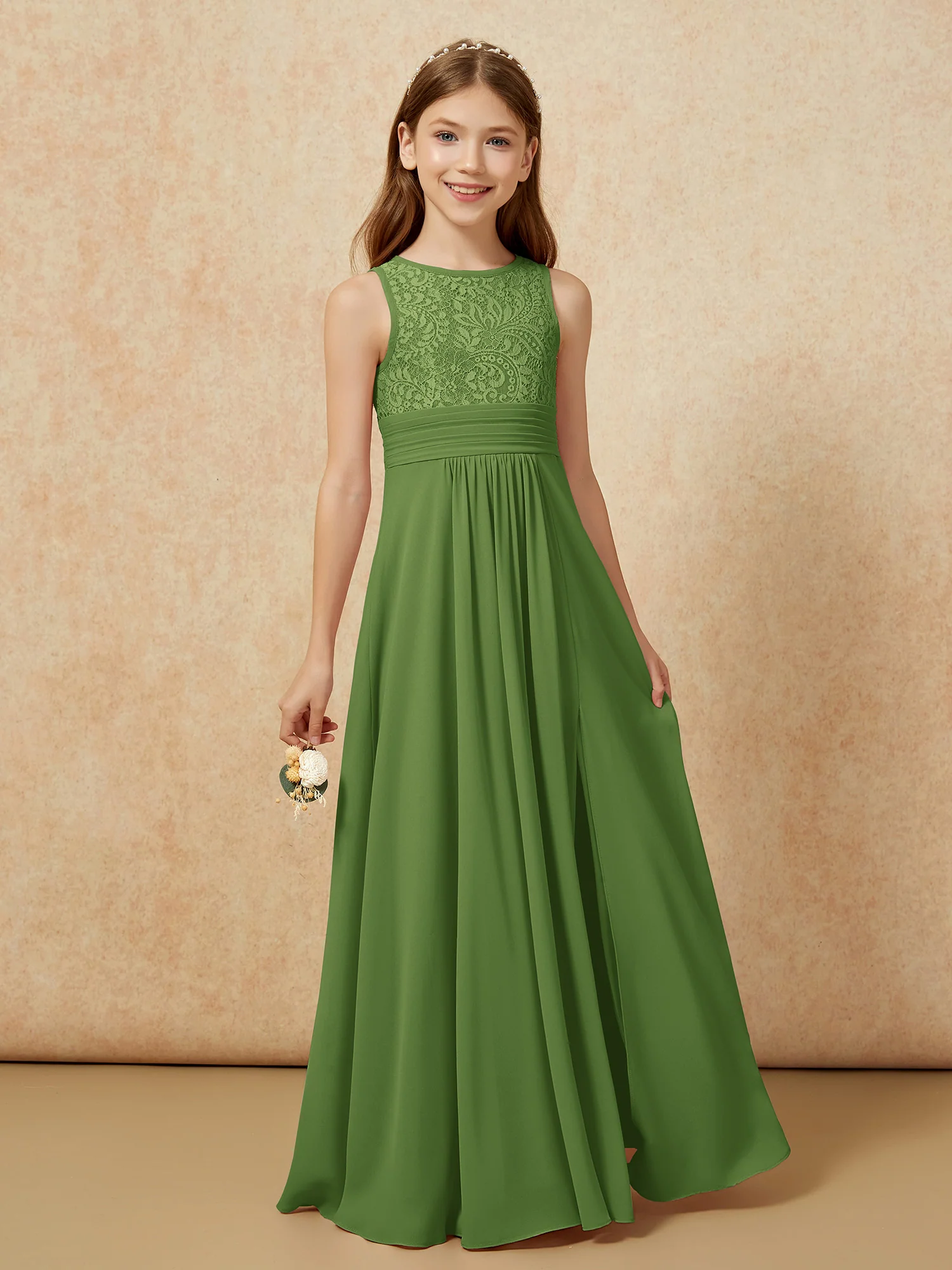 Lace Top A-line Long Junior Bridesmaid Dress Moss - Image 5