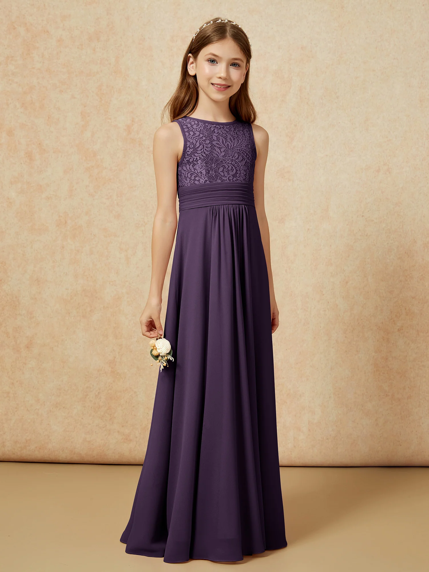 Lace Top A-line Long Junior Bridesmaid Dress Plum - Image 3