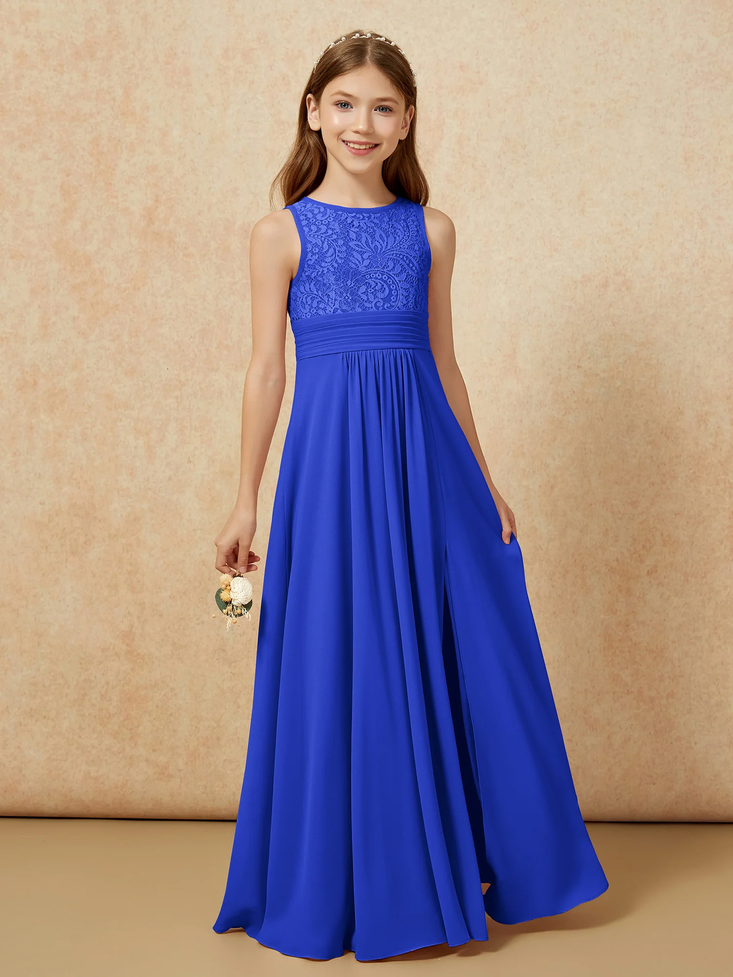 Lace Top A-line Long Junior Bridesmaid Dress Royal Blue - Image 5