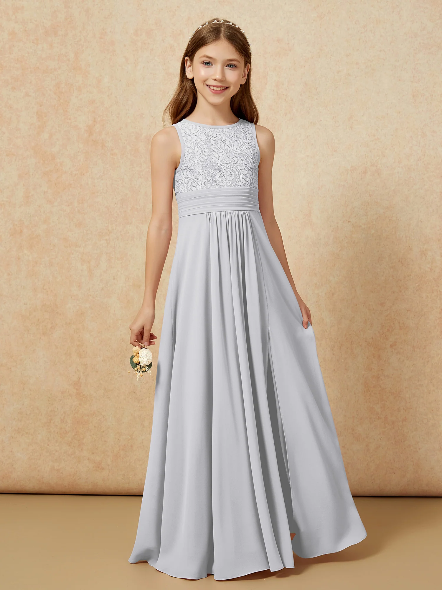 Lace Top A-line Long Junior Bridesmaid Dress Silver - Image 5