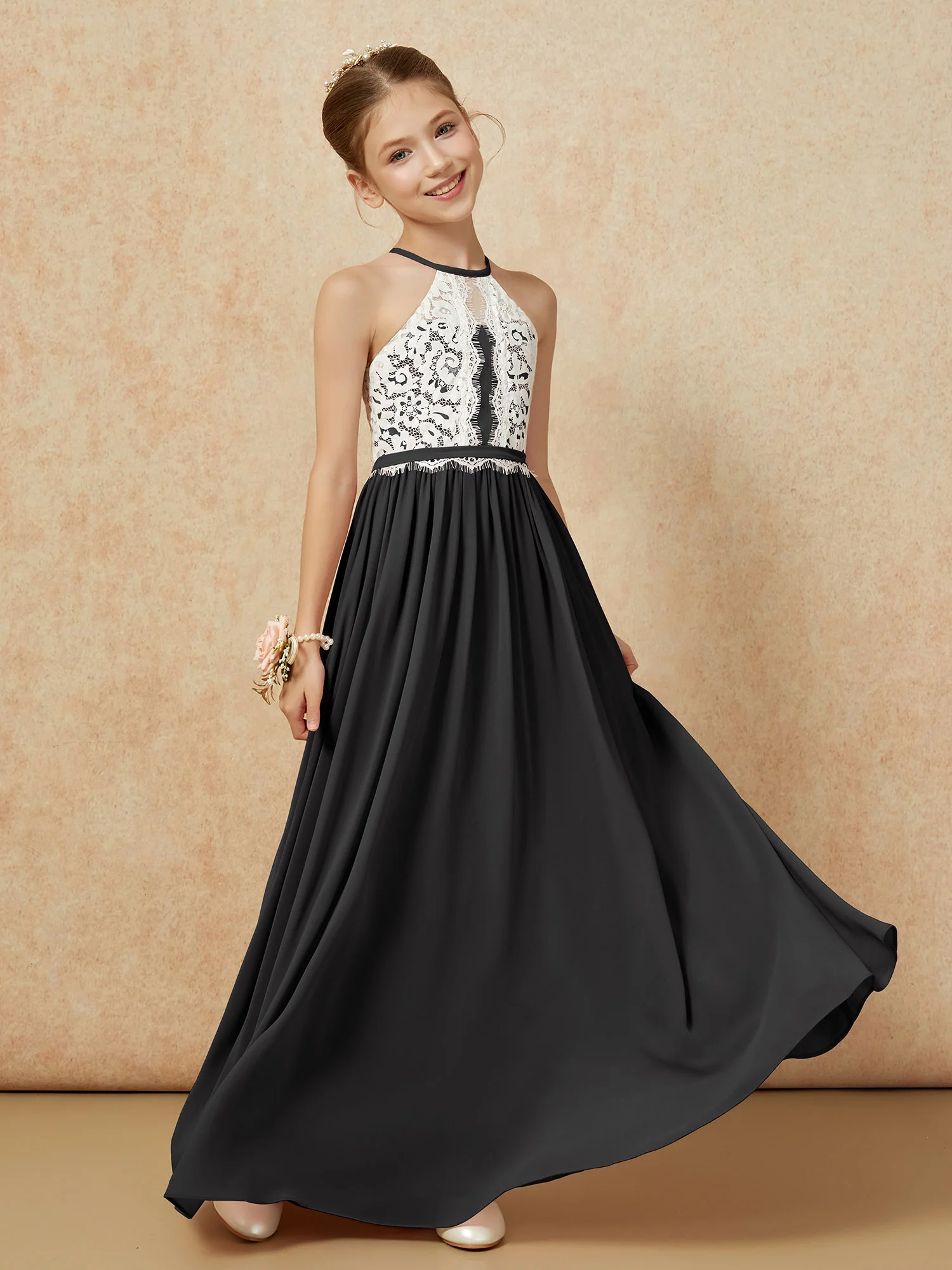 Lace Top Sleeveless Pleated Long Junior Bridesmaid Dress Black - Image 3