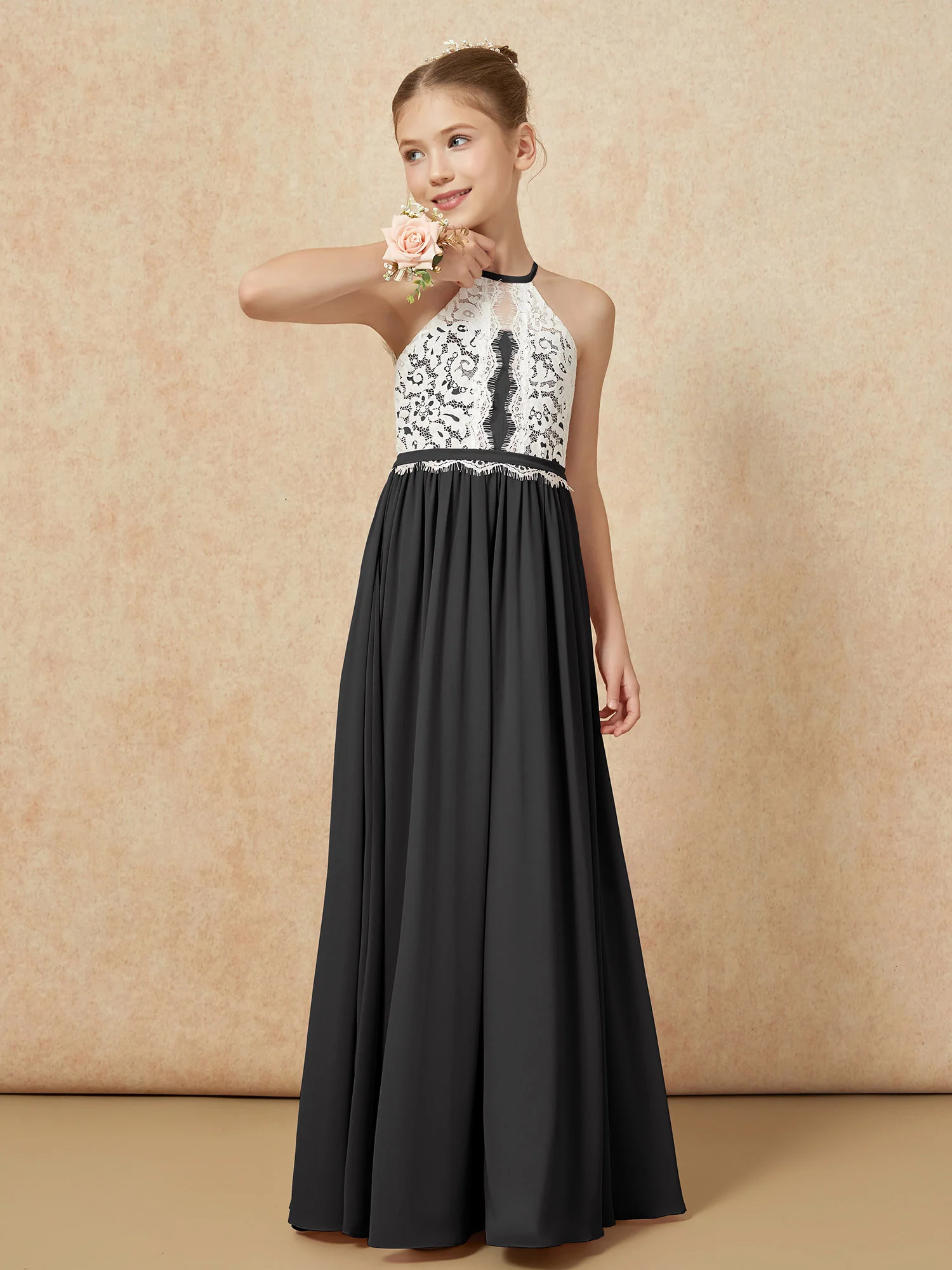 Lace Top Sleeveless Pleated Long Junior Bridesmaid Dress Black - Image 4