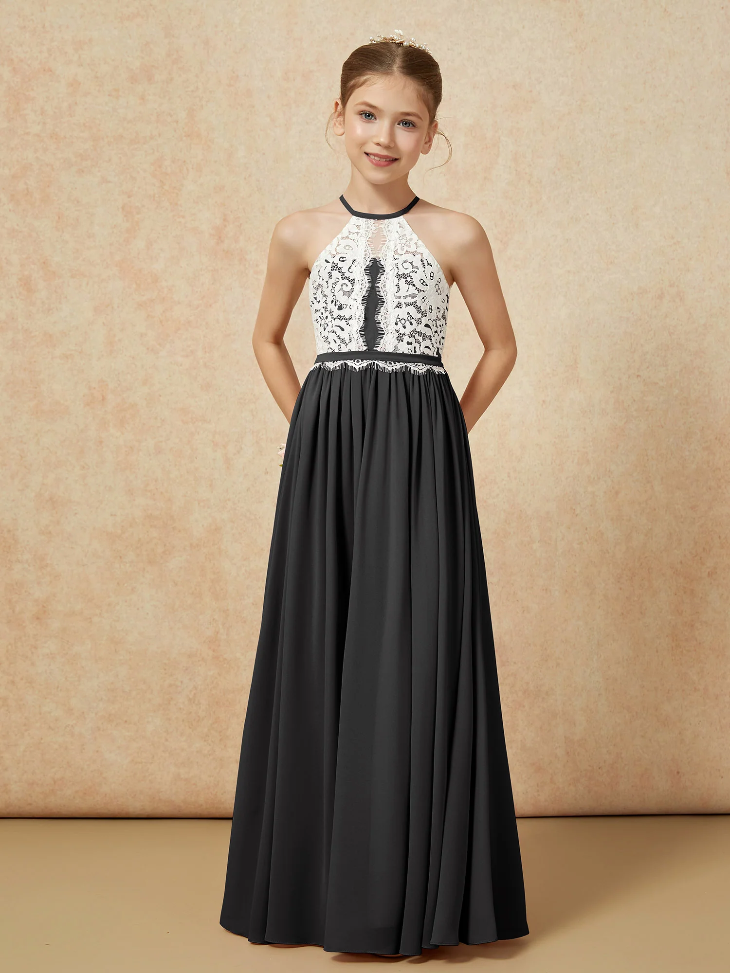 Lace Top Sleeveless Pleated Long Junior Bridesmaid Dress Black - Image 5