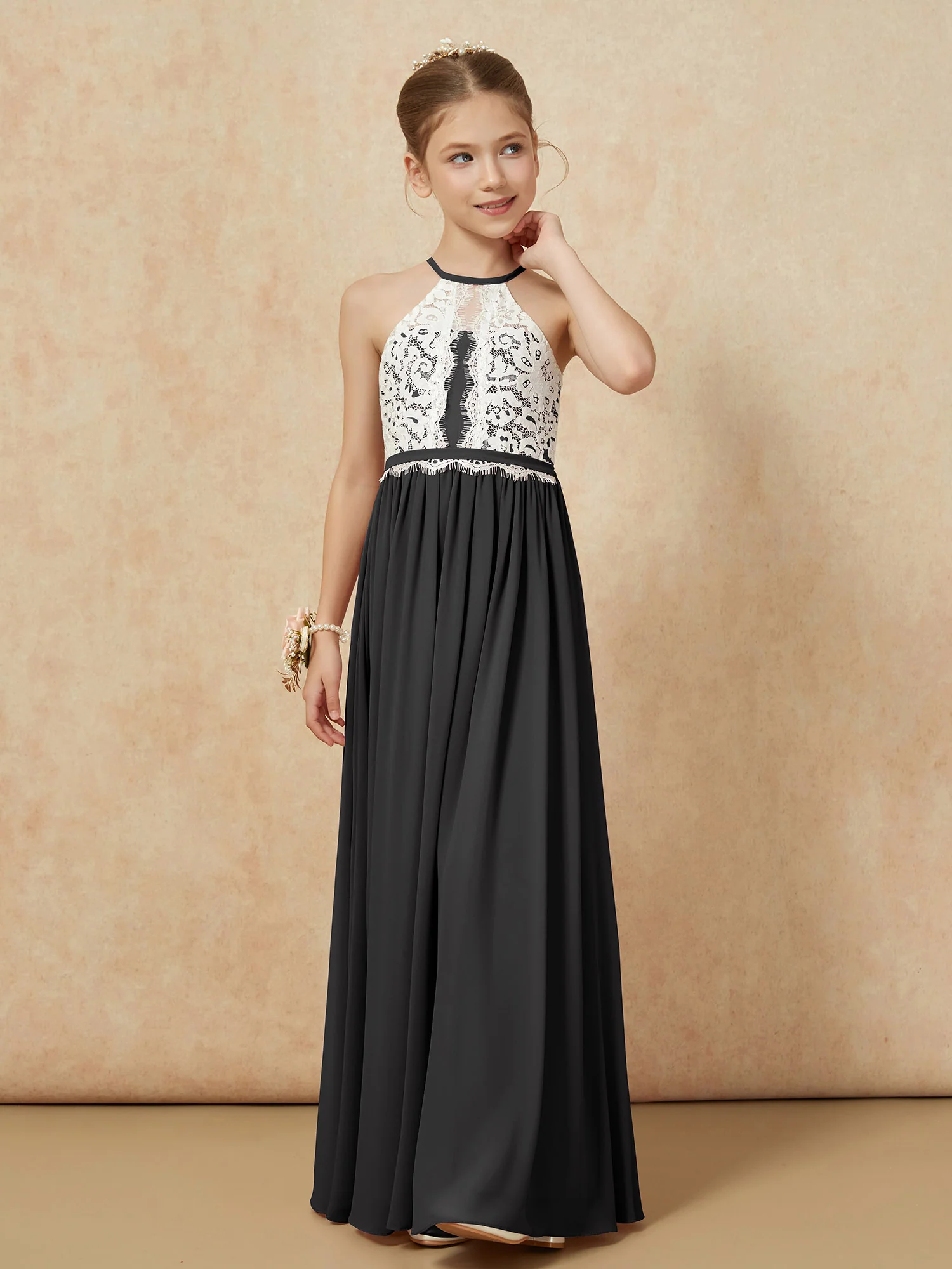 Lace Top Sleeveless Pleated Long Junior Bridesmaid Dress Black - Image 6