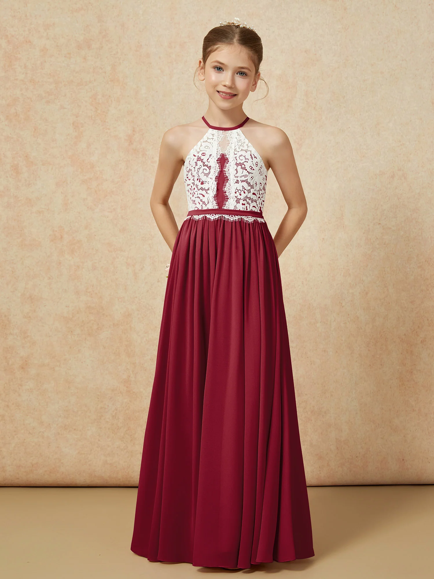 Lace Top Sleeveless Pleated Long Junior Bridesmaid Dress Burgundy - Image 5