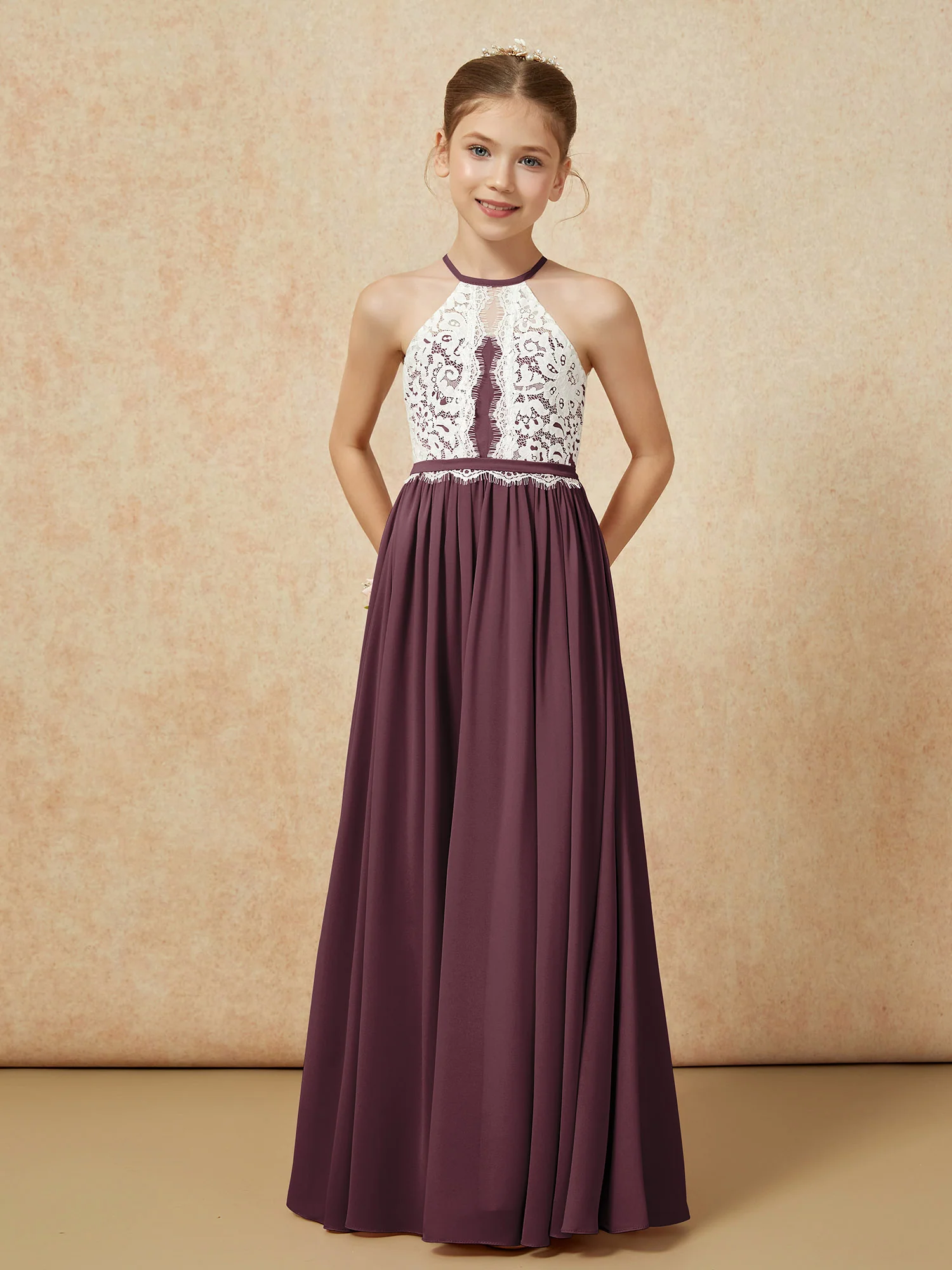 Lace Top Sleeveless Pleated Long Junior Bridesmaid Dress Cabernet - Image 5