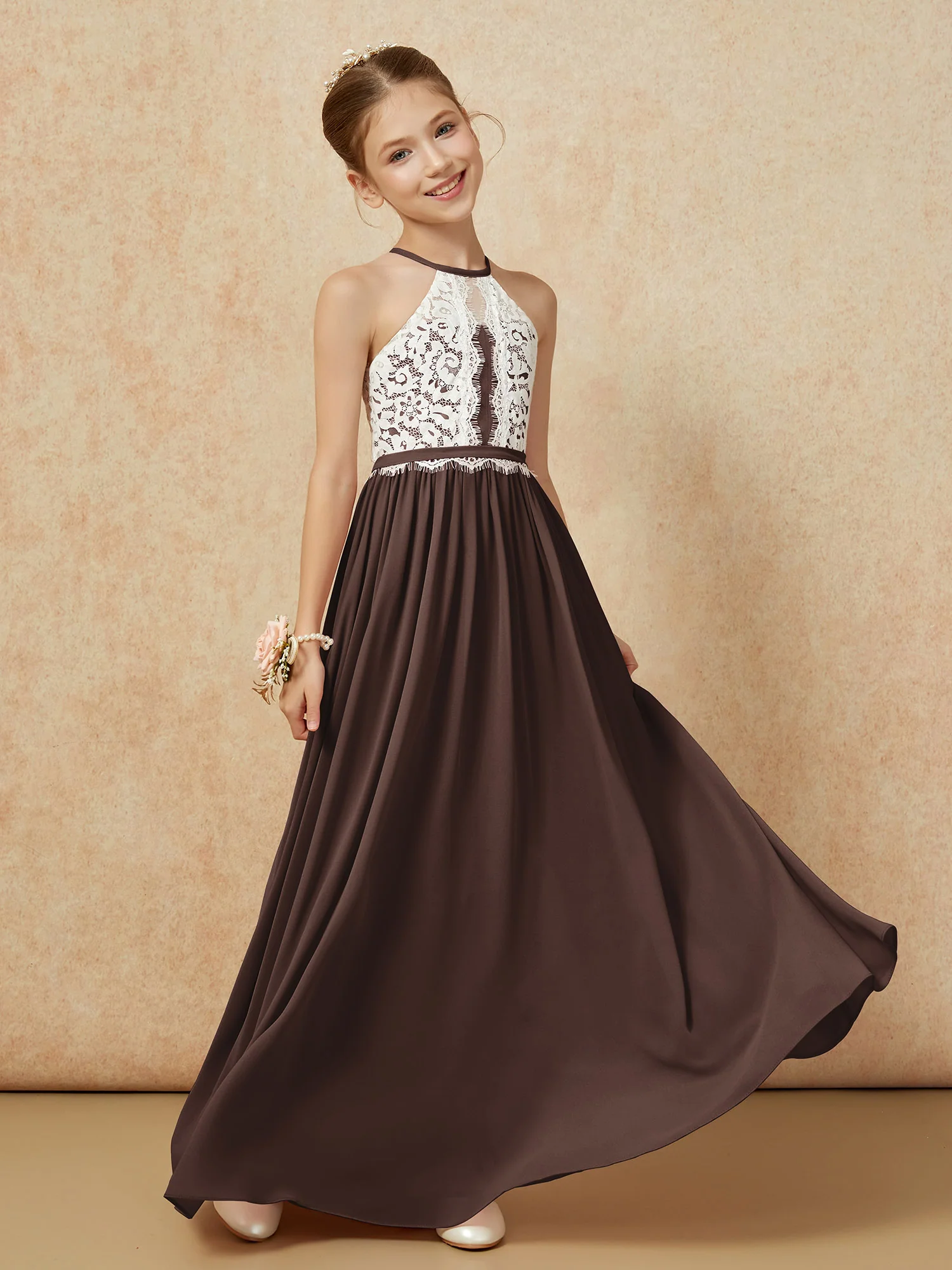 Lace Top Sleeveless Pleated Long Junior Bridesmaid Dress Chocolate - Image 3