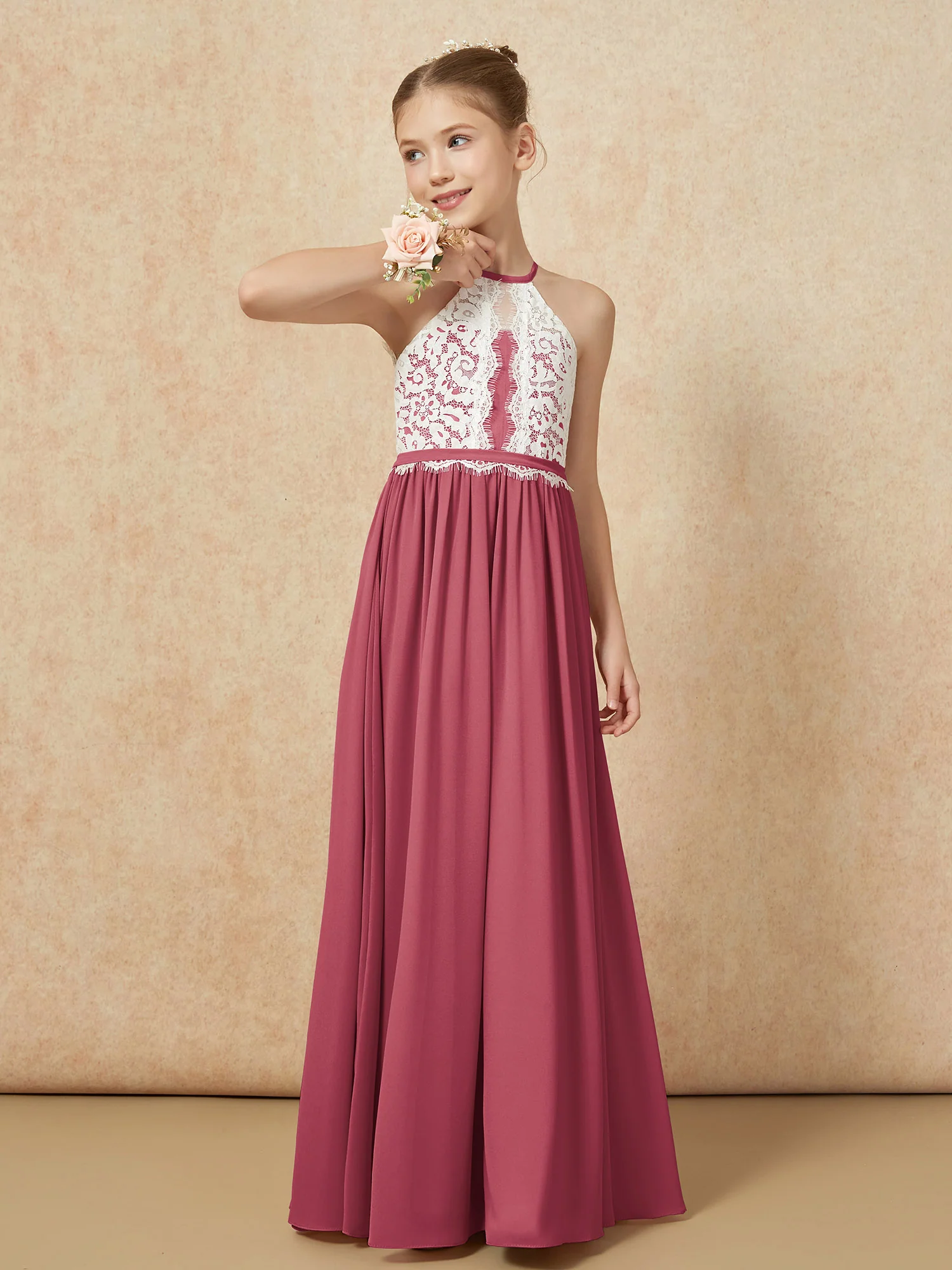 Lace Top Sleeveless Pleated Long Junior Bridesmaid Dress Cinnamon Rose - Image 4