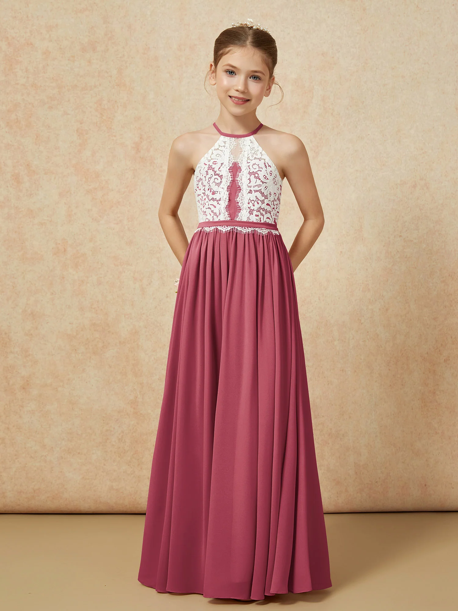 Lace Top Sleeveless Pleated Long Junior Bridesmaid Dress Cinnamon Rose - Image 5