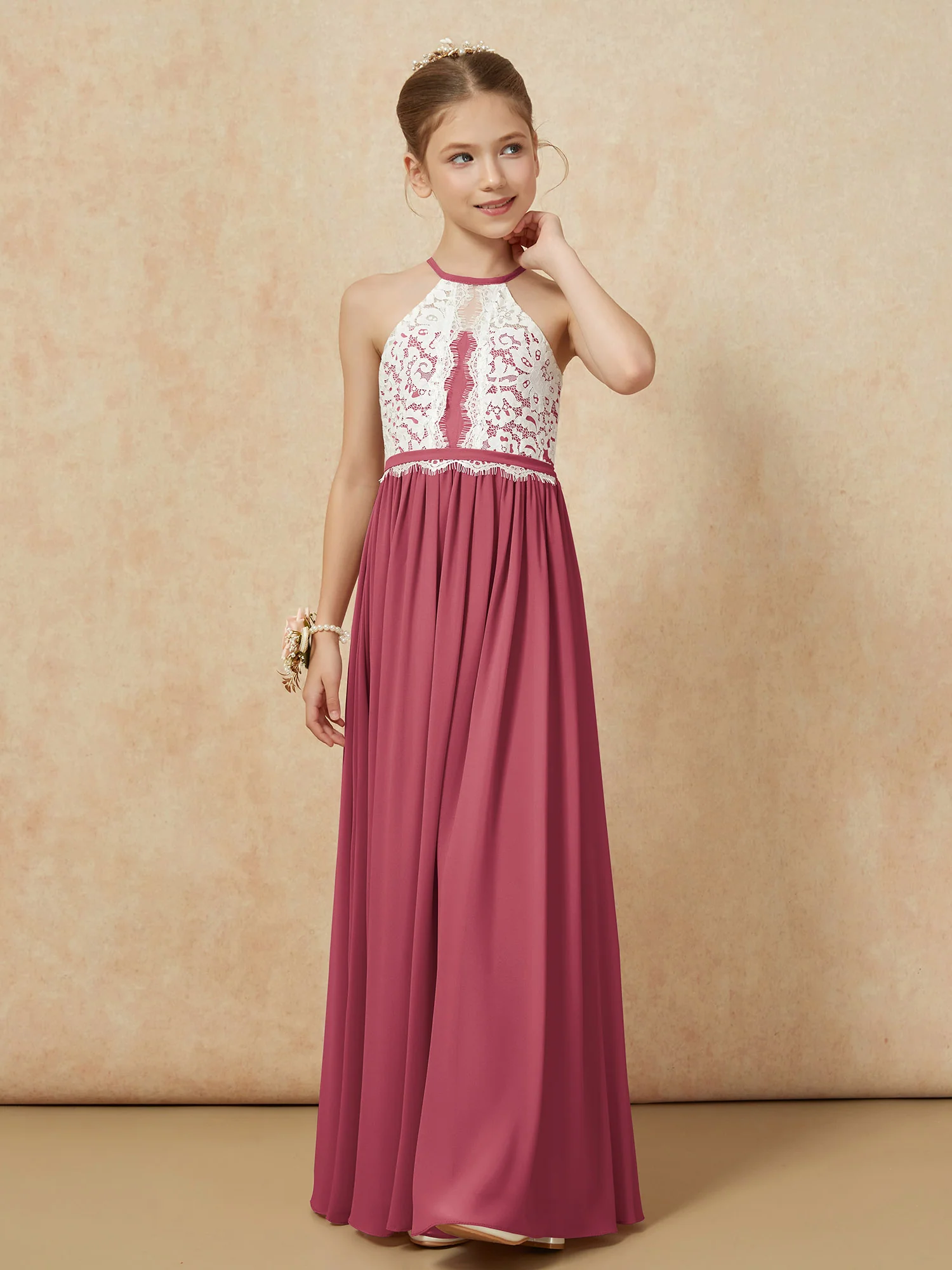Lace Top Sleeveless Pleated Long Junior Bridesmaid Dress Cinnamon Rose - Image 6