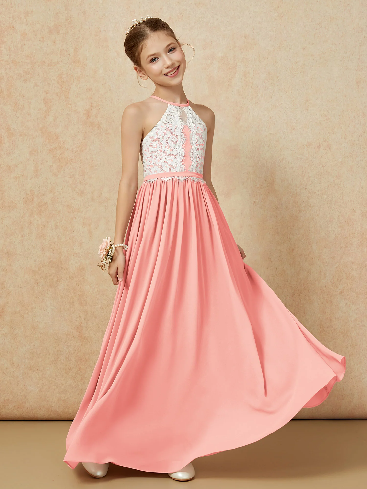Lace Top Sleeveless Pleated Long Junior Bridesmaid Dress Coral - Image 3