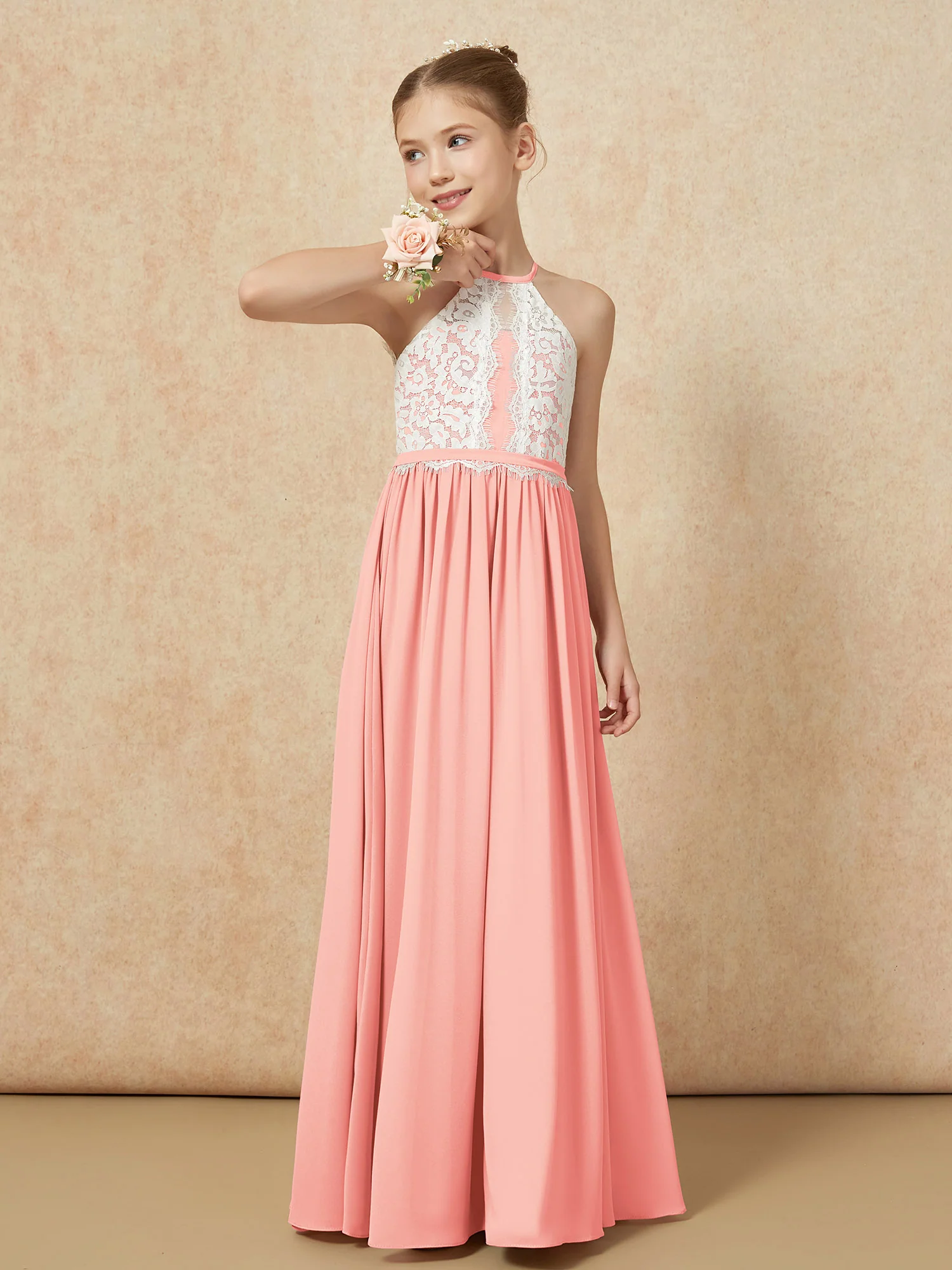 Lace Top Sleeveless Pleated Long Junior Bridesmaid Dress Coral - Image 4