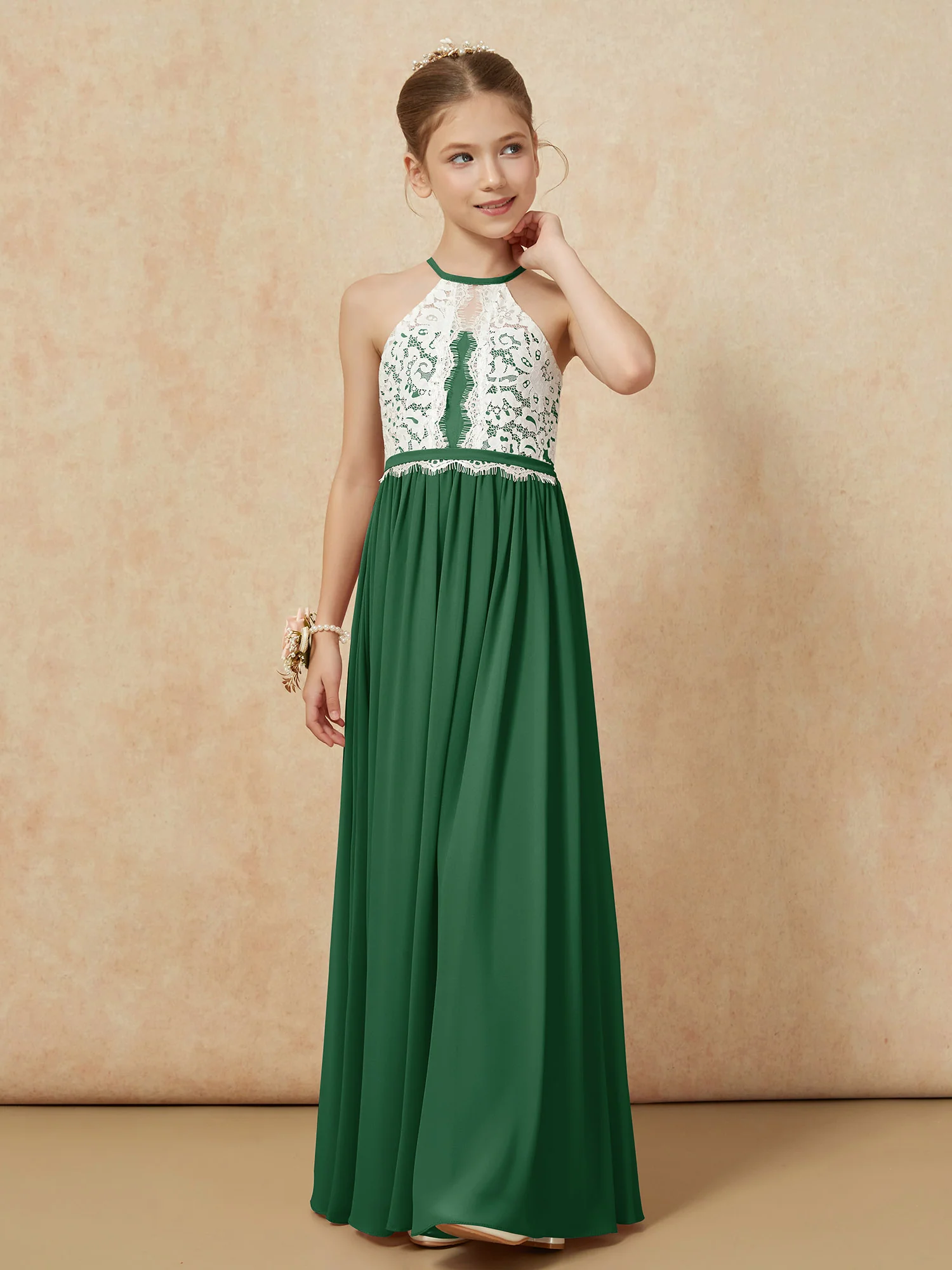 Lace Top Sleeveless Pleated Long Junior Bridesmaid Dress Dark Green - Image 6