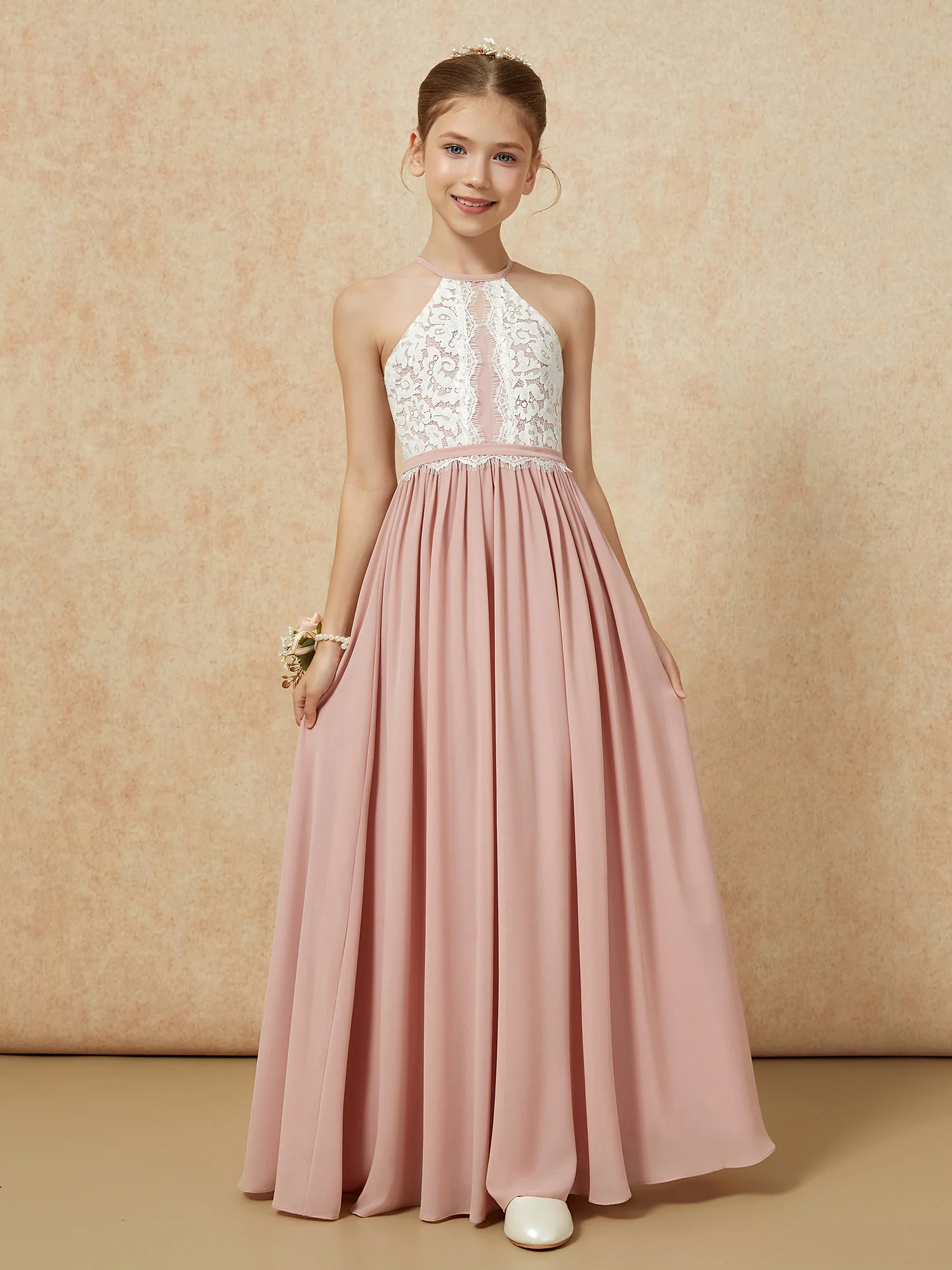 Lace Top Sleeveless Pleated Long Junior Bridesmaid Dress Dusty Rose