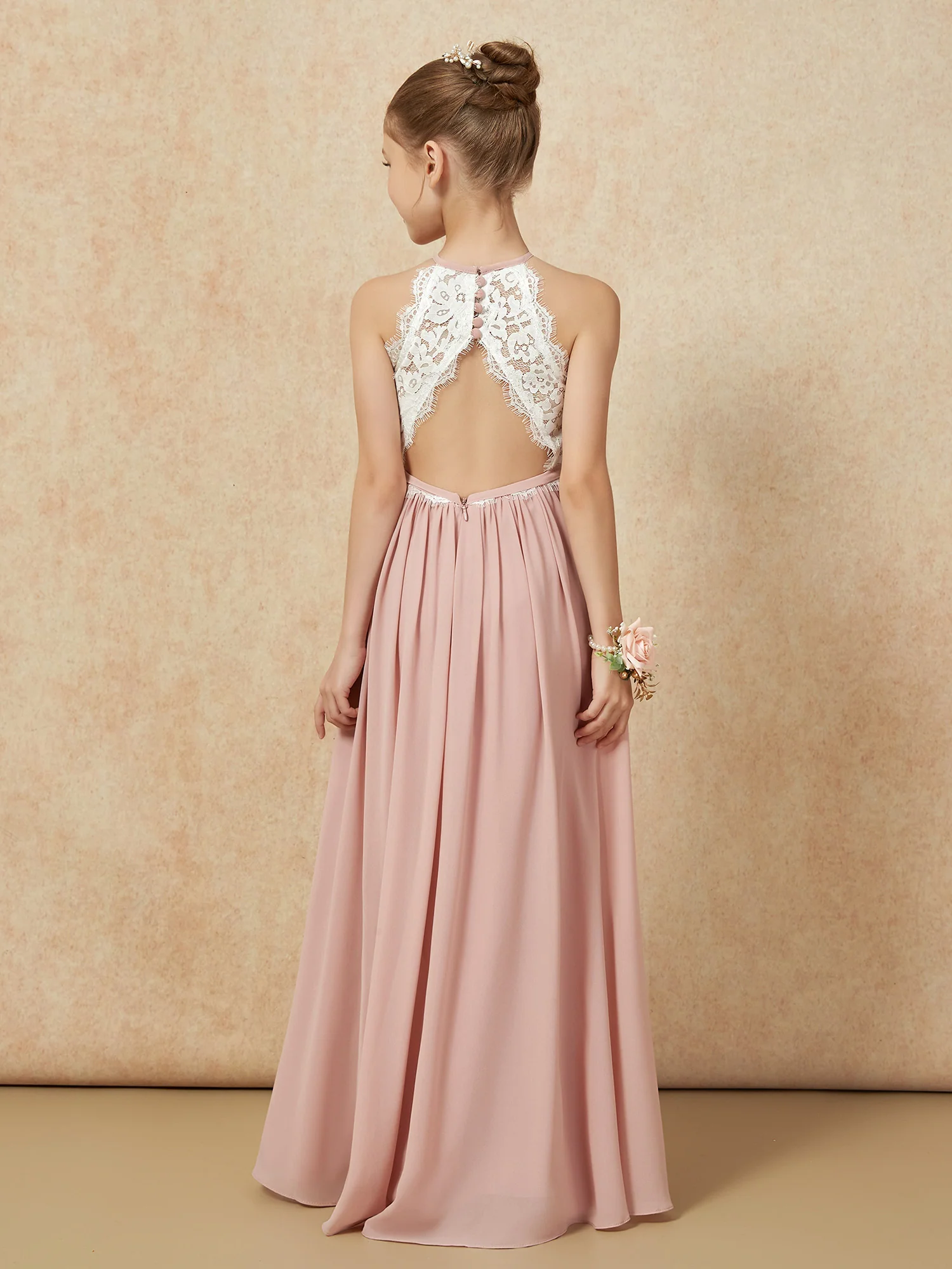 Lace Top Sleeveless Pleated Long Junior Bridesmaid Dress Dusty Rose - Image 2