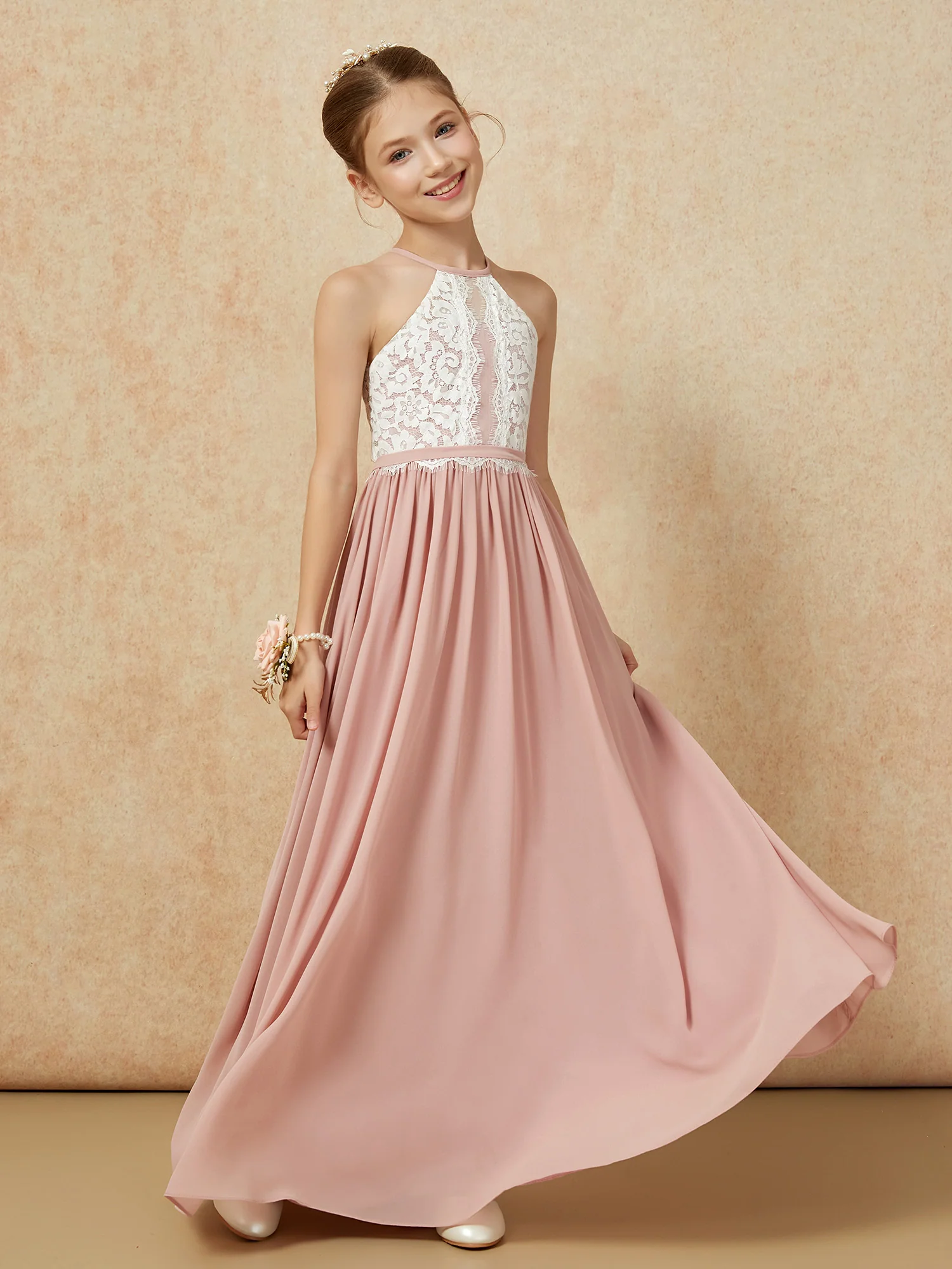 Lace Top Sleeveless Pleated Long Junior Bridesmaid Dress Dusty Rose - Image 3