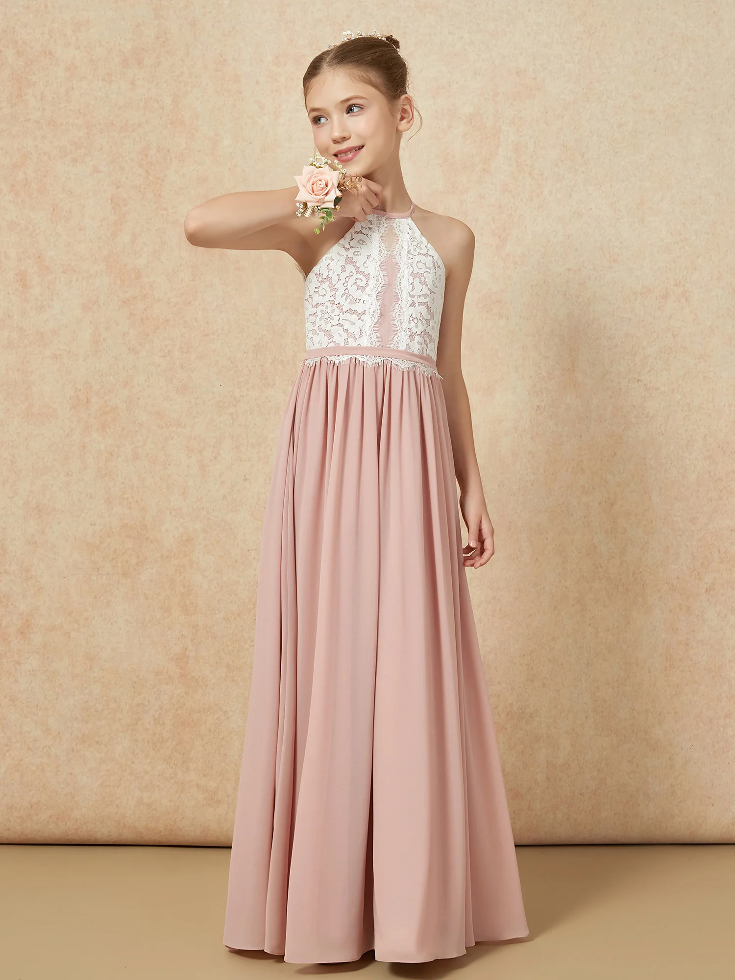 Lace Top Sleeveless Pleated Long Junior Bridesmaid Dress Dusty Rose - Image 4