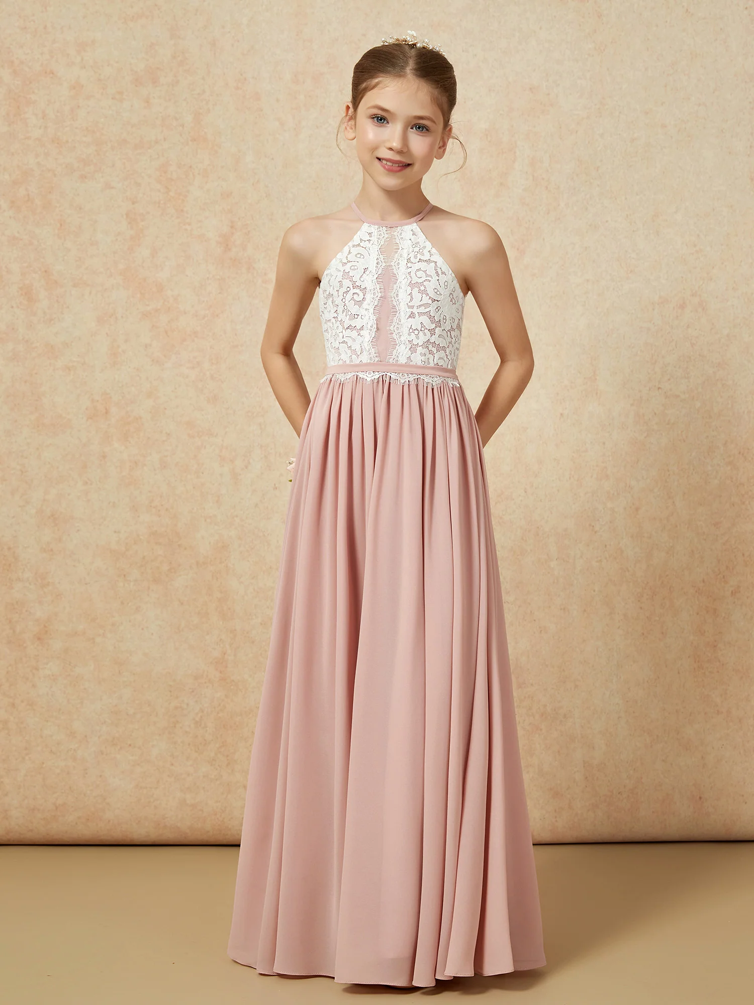 Lace Top Sleeveless Pleated Long Junior Bridesmaid Dress Dusty Rose - Image 5