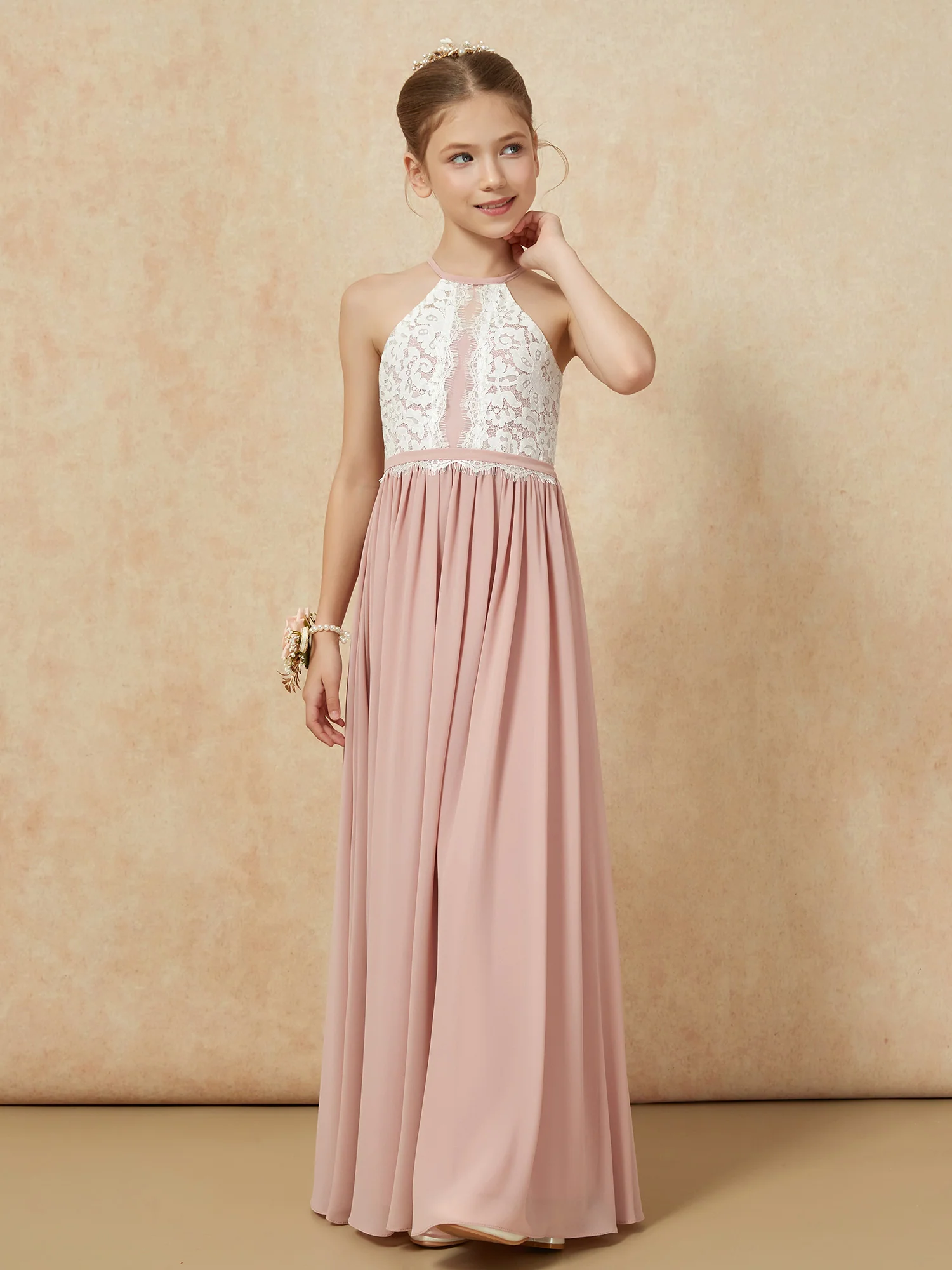 Lace Top Sleeveless Pleated Long Junior Bridesmaid Dress Dusty Rose - Image 6