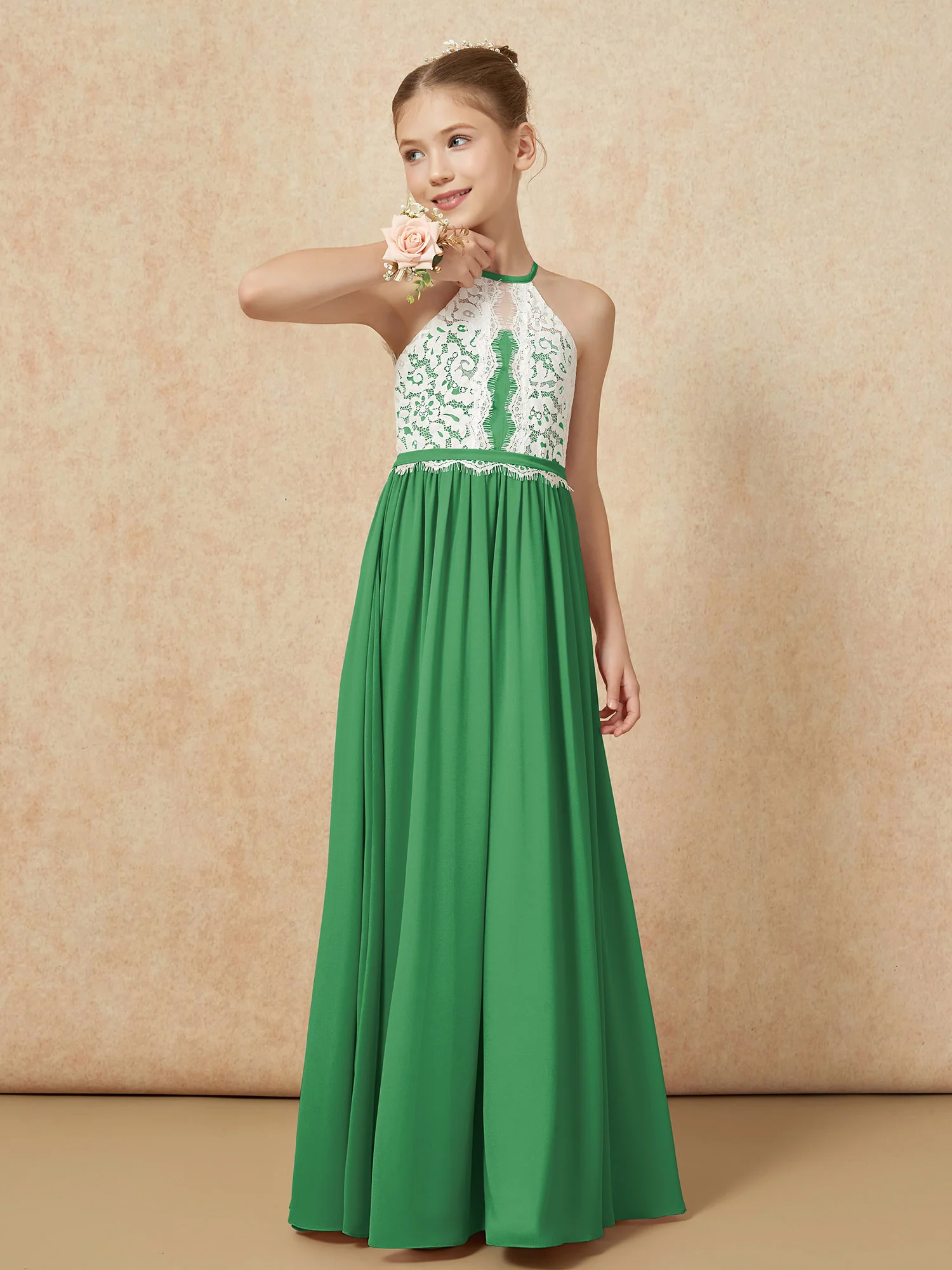 Lace Top Sleeveless Pleated Long Junior Bridesmaid Dress Emerald - Image 4