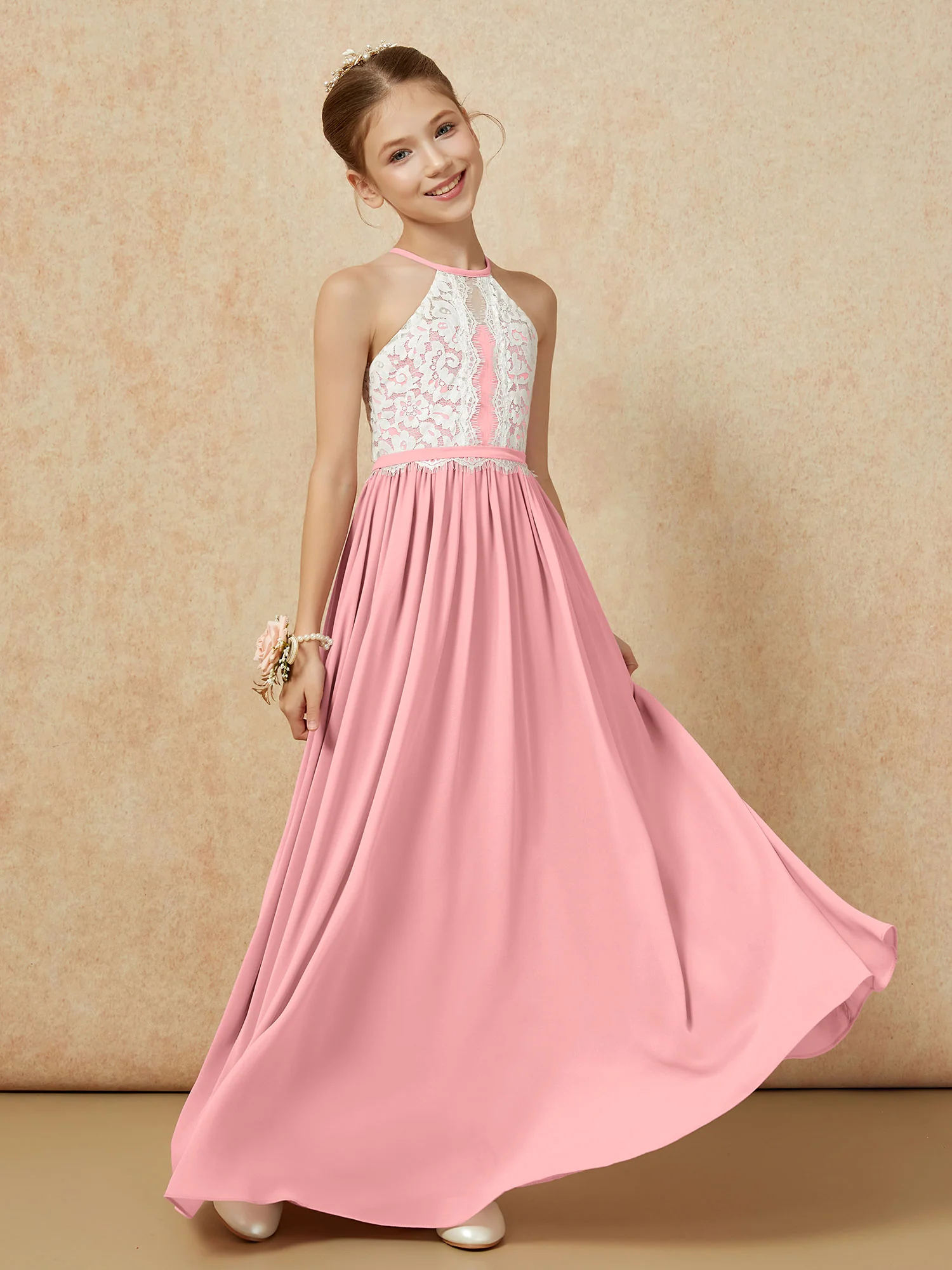 Lace Top Sleeveless Pleated Long Junior Bridesmaid Dress Flamingo - Image 3