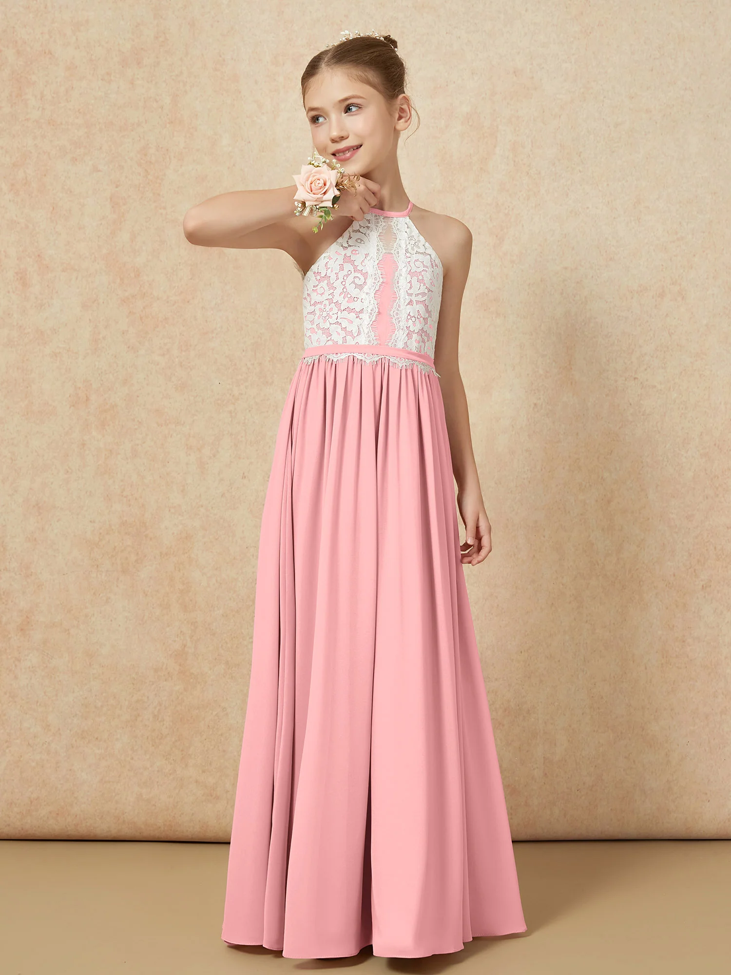 Lace Top Sleeveless Pleated Long Junior Bridesmaid Dress Flamingo - Image 4
