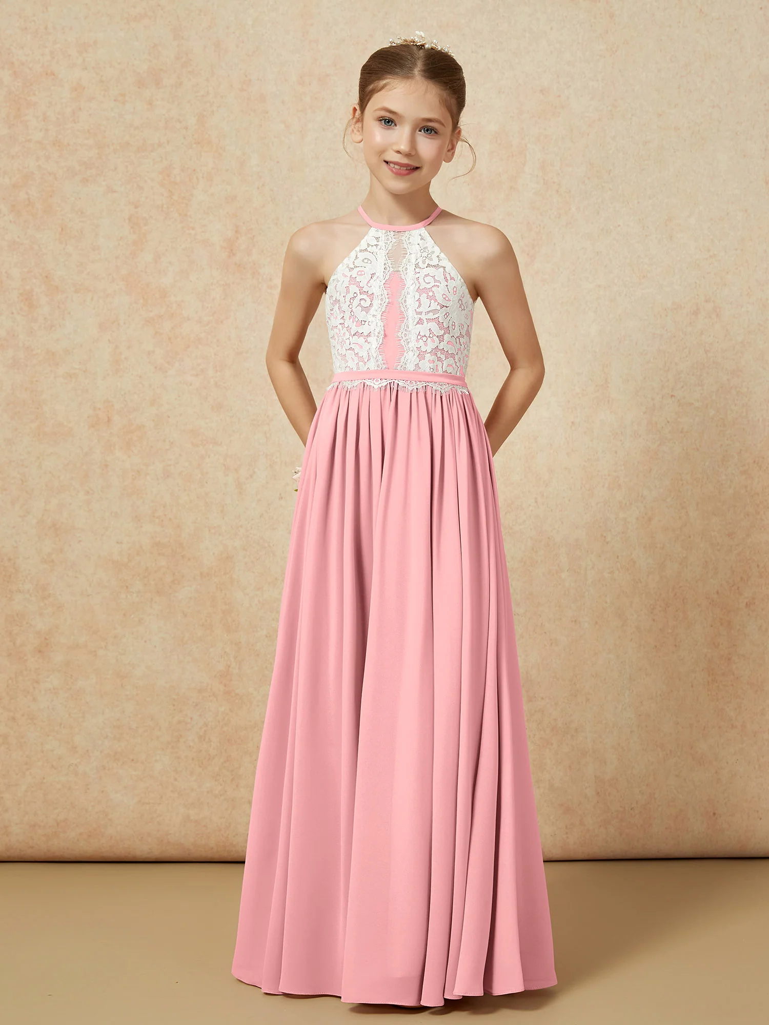 Lace Top Sleeveless Pleated Long Junior Bridesmaid Dress Flamingo - Image 5