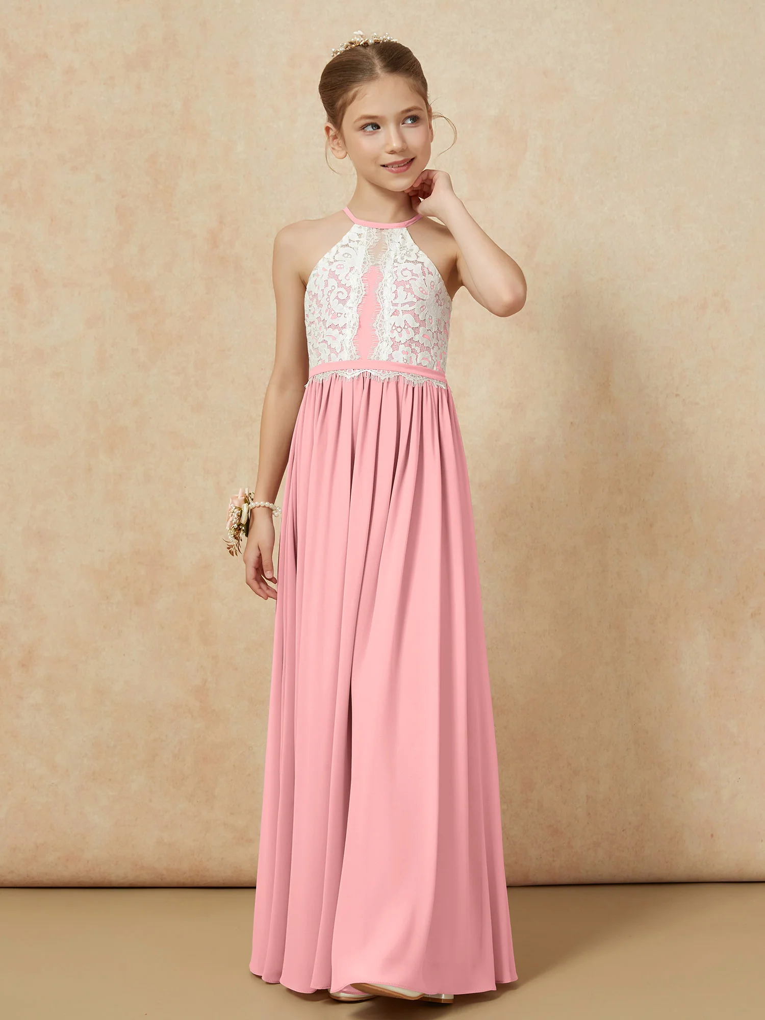 Lace Top Sleeveless Pleated Long Junior Bridesmaid Dress Flamingo - Image 6