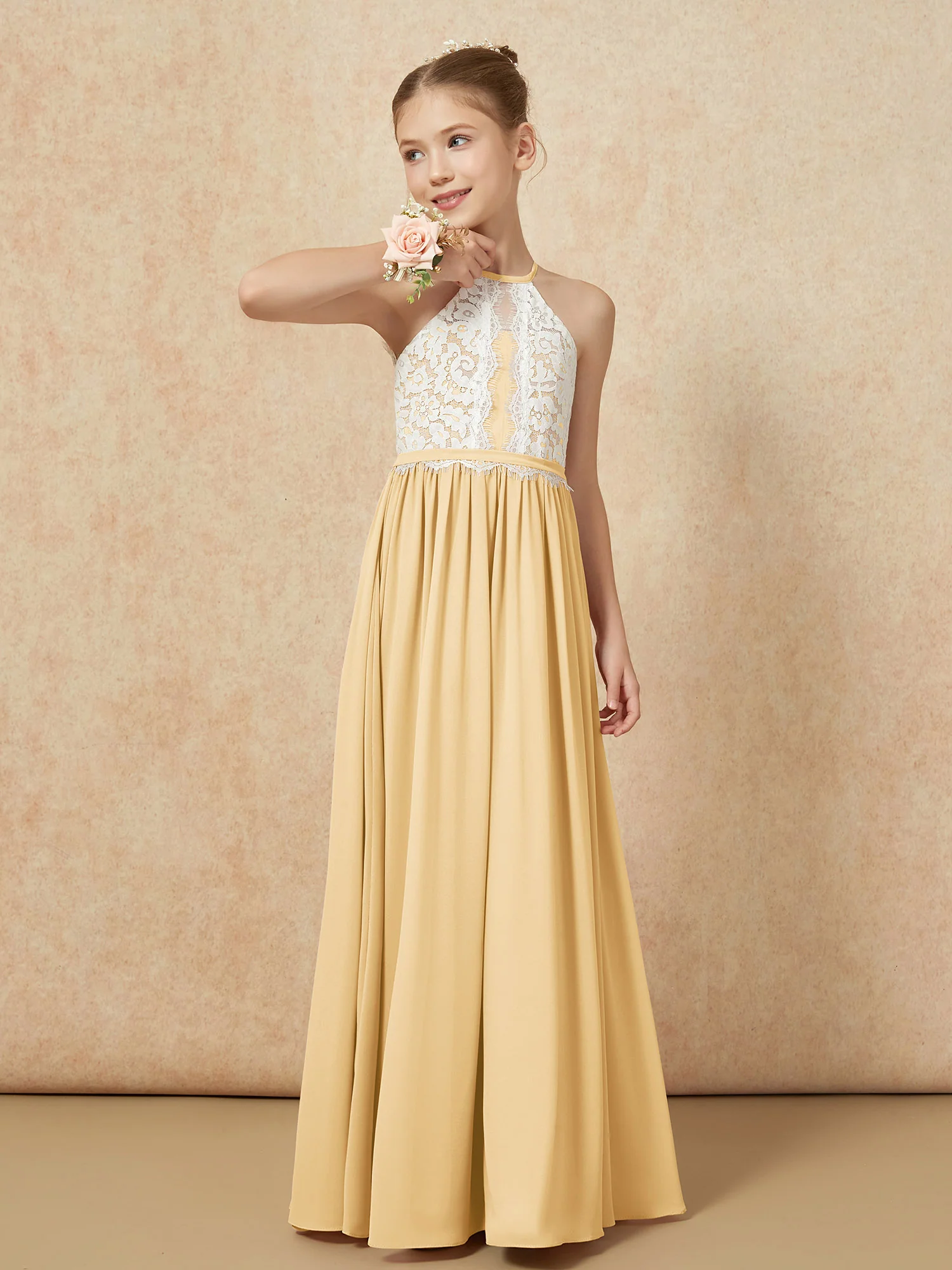 Lace Top Sleeveless Pleated Long Junior Bridesmaid Dress Gold - Image 4