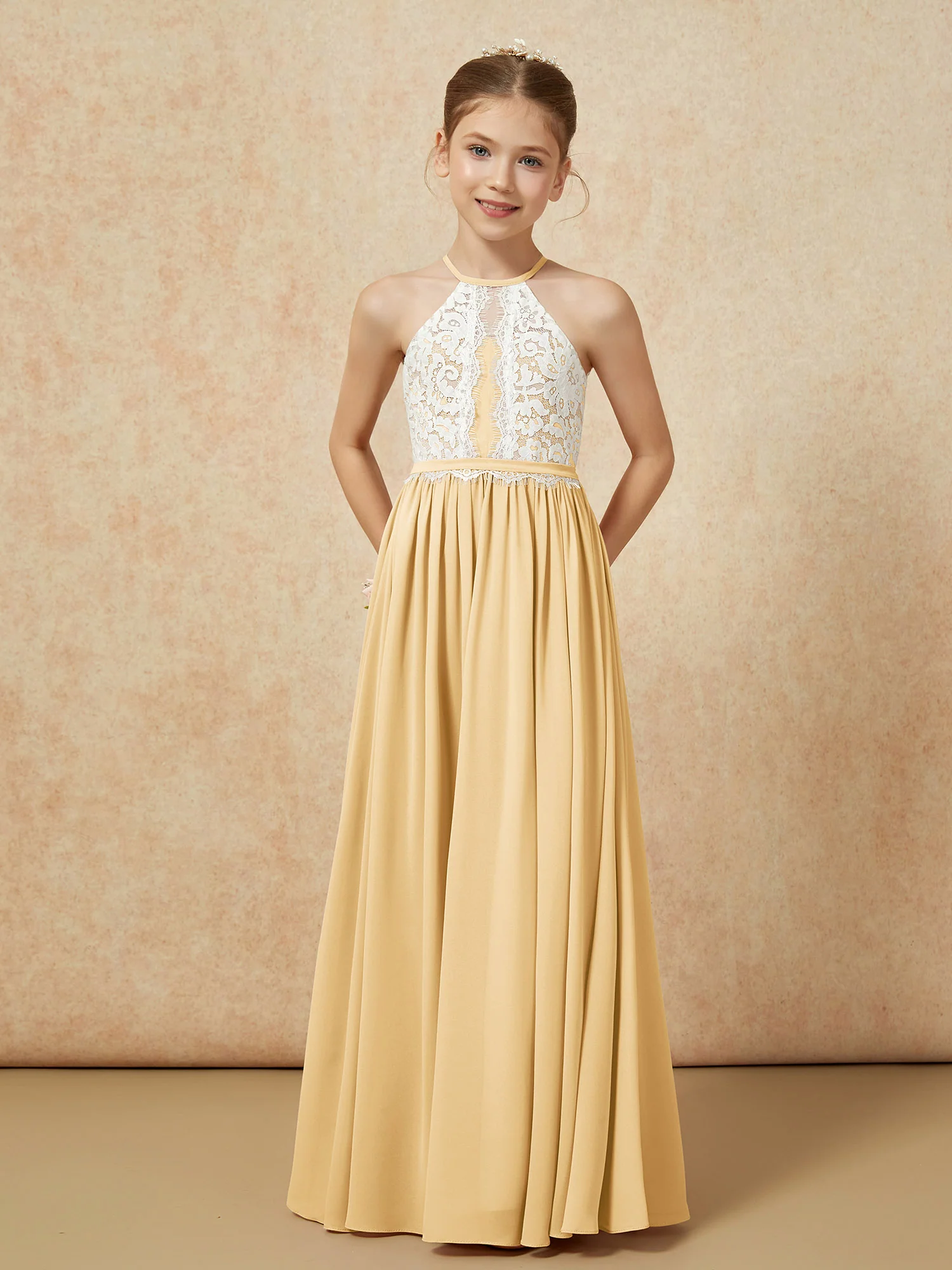 Lace Top Sleeveless Pleated Long Junior Bridesmaid Dress Gold - Image 5